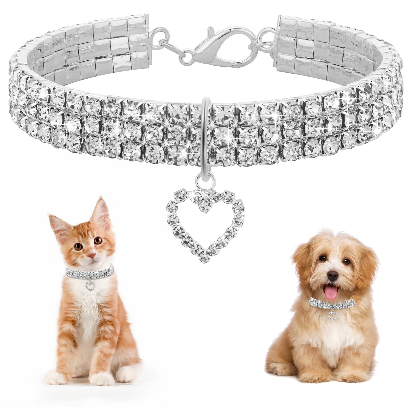 Cobee Bling Cat Dog Collar, Rhinestone Pet Collar Necklace Crystal Diamond Elastic Adjustable Collar with Pendant for Puppy Kitten(Heart Pendant)