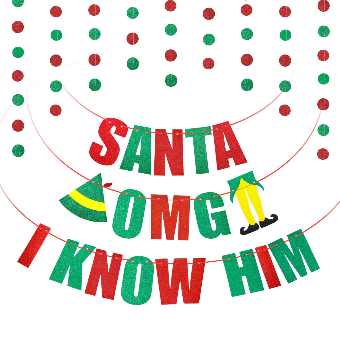 Amaxiu Christmas Banner - Santa OMG I Know Him Xmas Banner, Glitter Red Green Funny Elf Banner Xmas Decorations for Home Office Fireplace Mantel Christmas Party Supplies