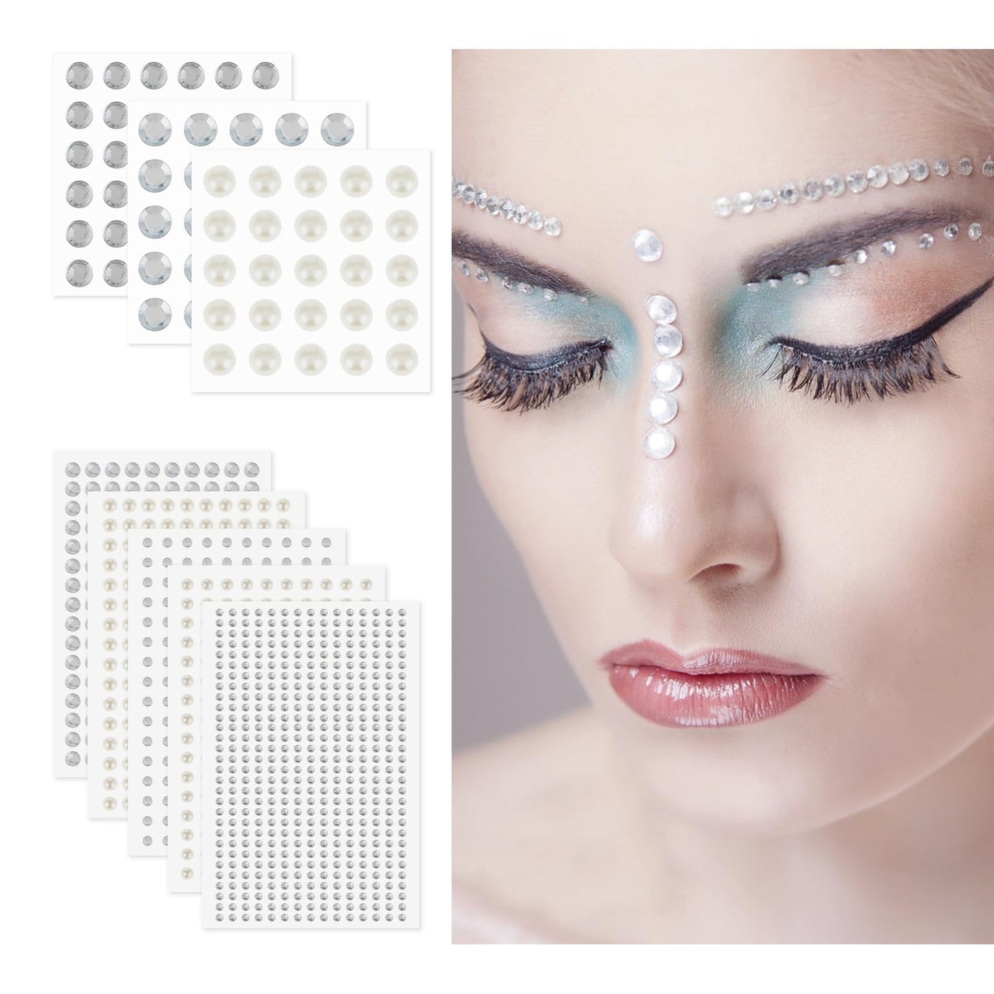 TIESOME 2032 Pcs Eye Face Gems Stickers, 14 Sheets Self Adhesive Face Jewels Pearl Stick on Bling Makeup Face Gem for Women Scrapbooking Nail Art Decorations 7 Size 3mm-12mm