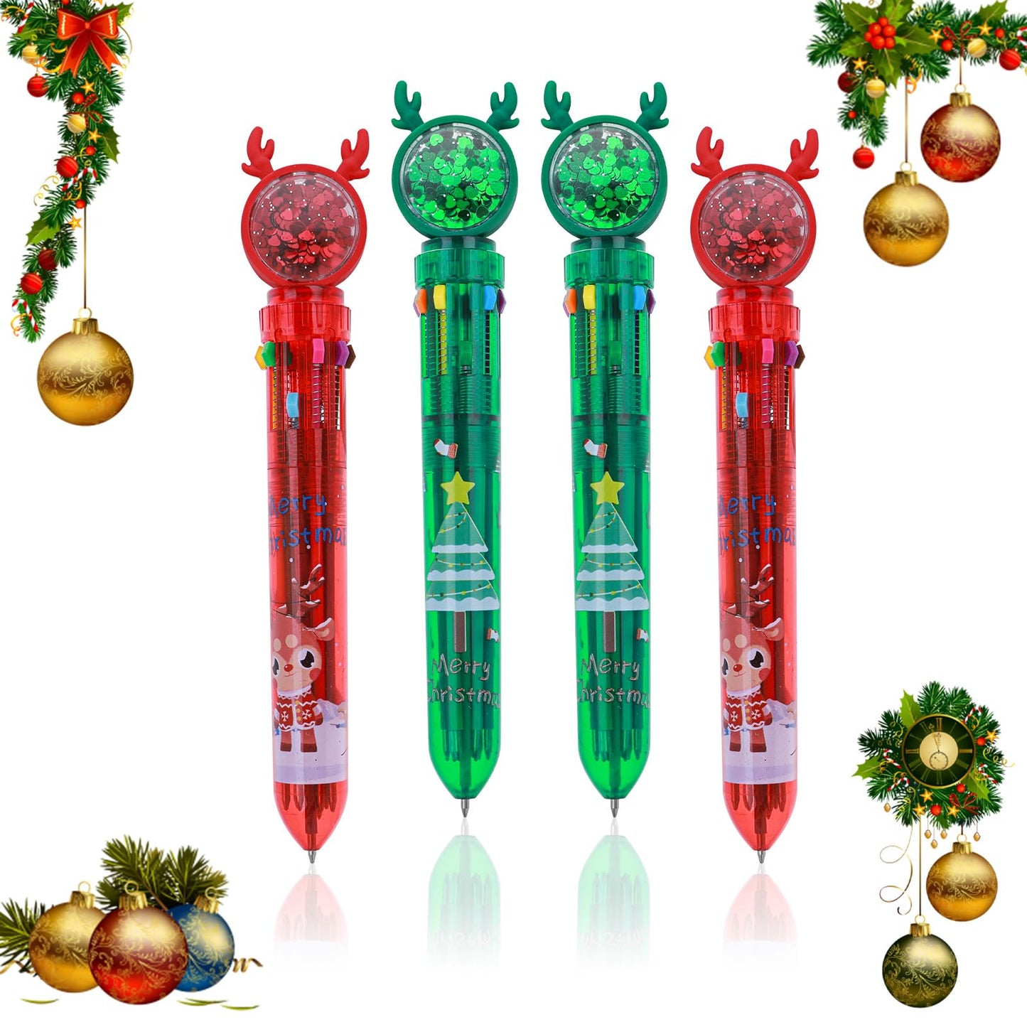 Amaxiu Christmas 10 in 1 Multicolor Ballpoint Pens,4 Pcs Retractable Colorful Ink Pens 0.7mm Fine Point Pen Xmas Santa Rollerball Pen Gift for Students Kids Christmas School Office Supplies