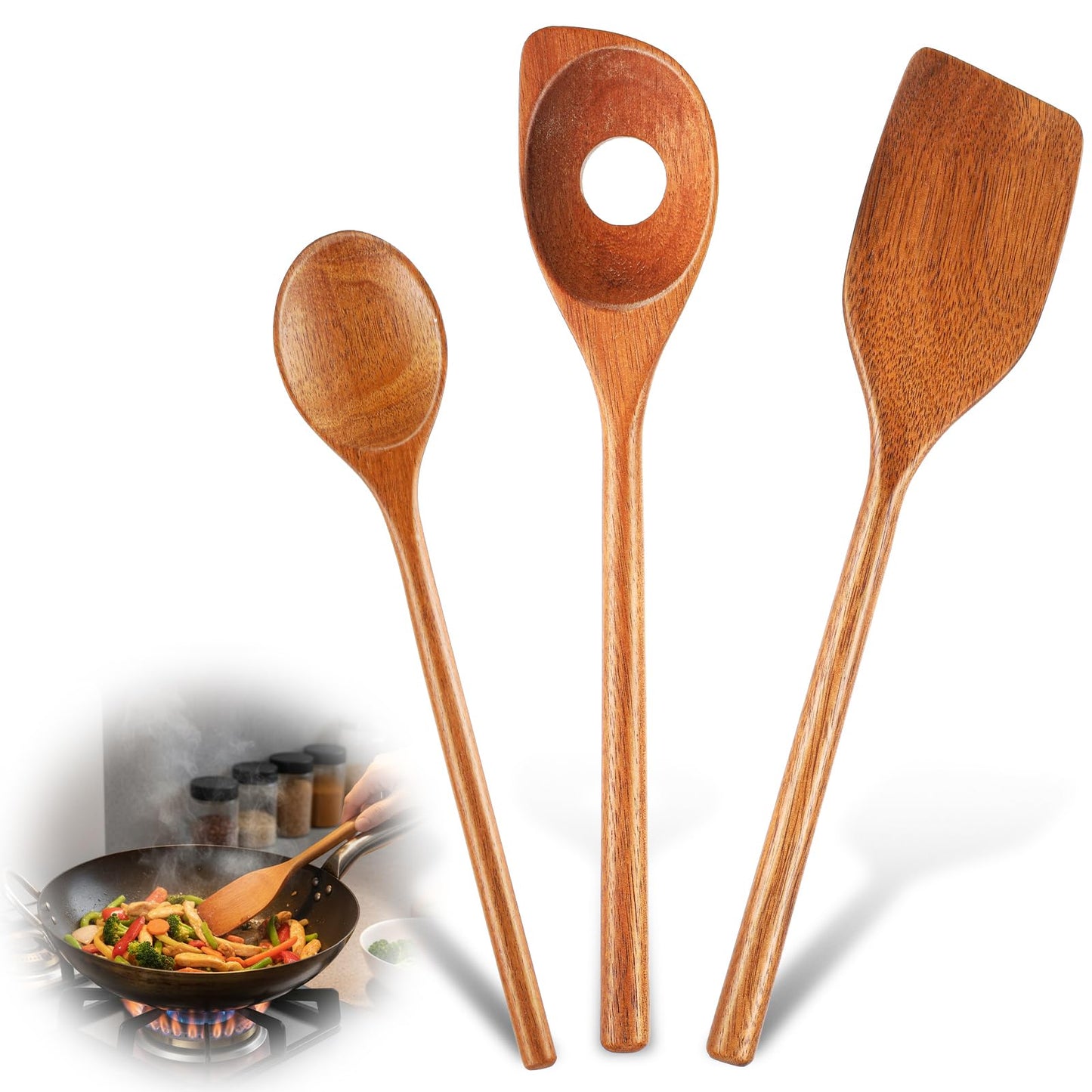 WJIAAA Wooden Cooking Spoon Set, Wooden Cooking Spoon Set with Spatula, Risotta Spoon & Wooden Cooking Spoon, 25-30 cm Kitchen Aid for Roasting, Lading & Straining, Non-Stick and Clay Pots, Natural