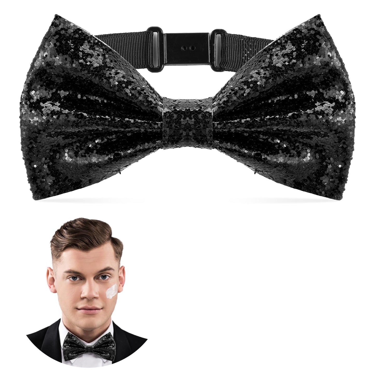 Yuanchu Black Sequin Bow Tie, Bow Ties for Men Bowtie Pre-Tied Adjustable Length Glitter Black Tie Shiny for Party Banquet Wedding Banquet Carnival Dress, Black, 12 x 7cm / 4.7 x 2.7in
