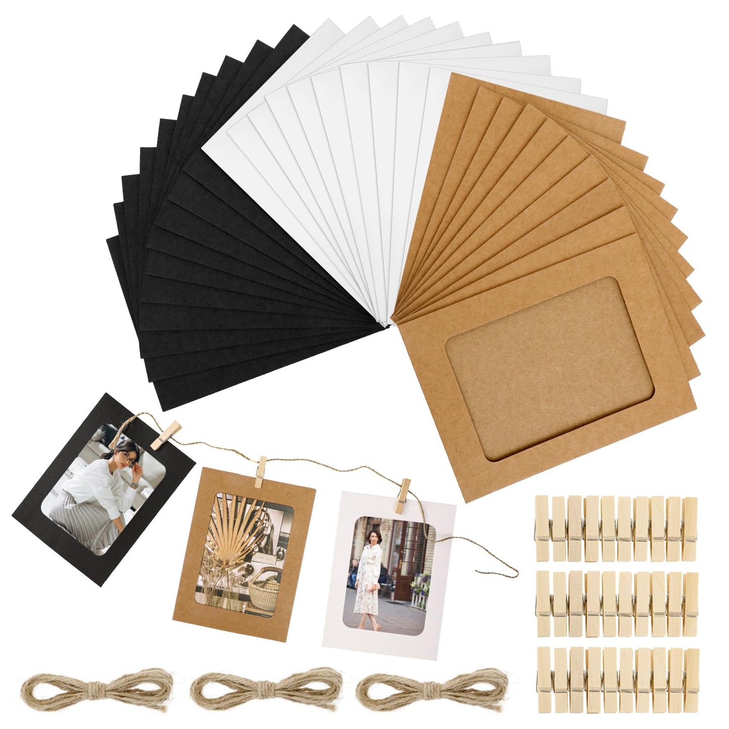 Molain 30 Pack Paper Picture Frames 4x6, DIY Cardboard Photo Hanging Display White/Black/Brown Paper Photo Frames with Clips and Strings Photo Holders Photo Hanging Display Kit for Wall Decor