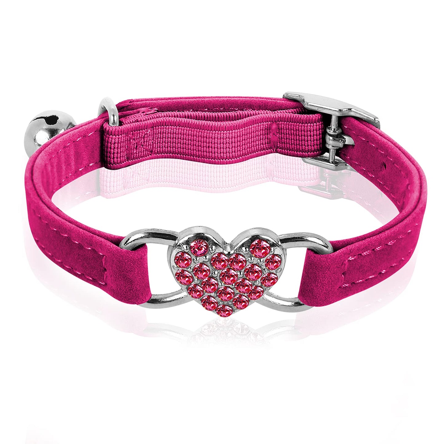cobee Bling Heart Cat Collar with Bell, Adjustable Kitten Collars with Safety Belt Rhinestone Pet Collar for Small Cat Dog(Rose Red)