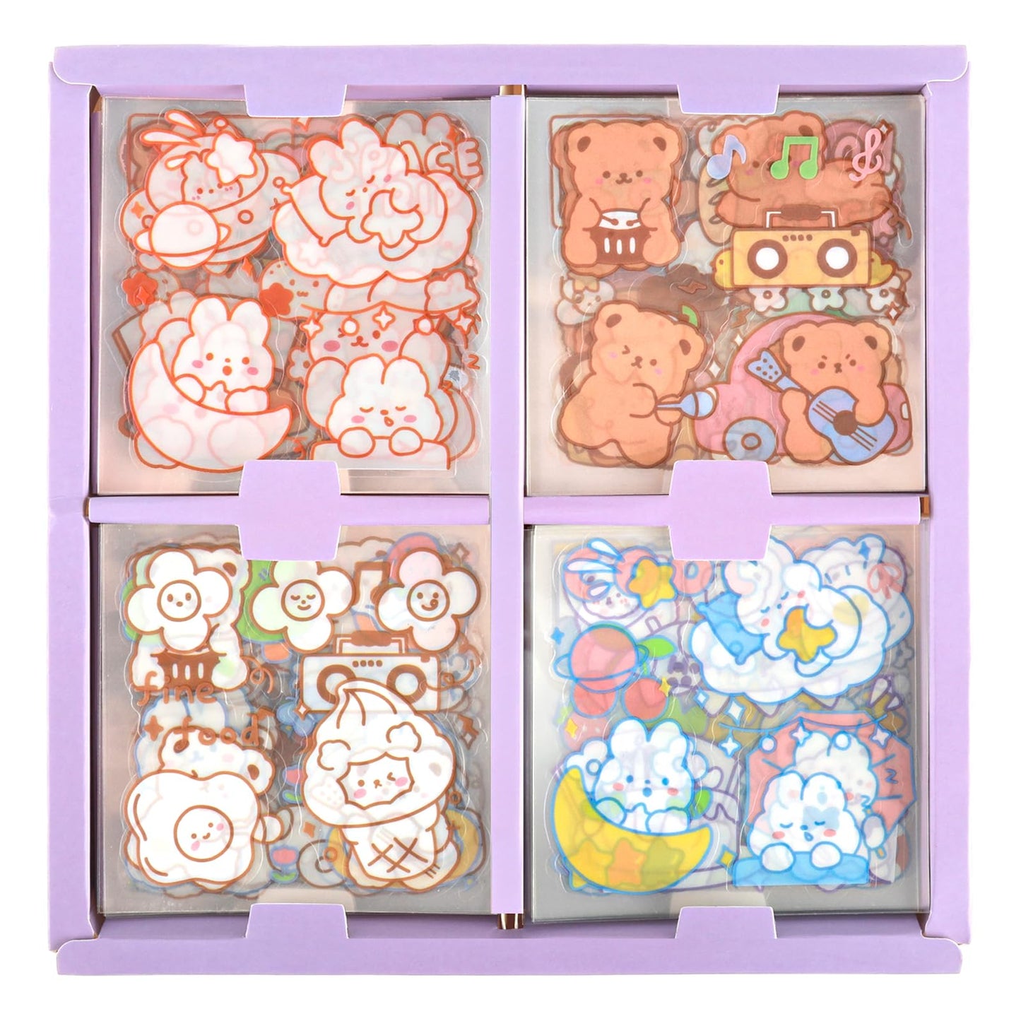 Amabro 100 Sheets Cute Cartoon Stickers, Kawaii Sticker Sets Funny Waterproof Animal Stickers Self-Adhesive Transparent Stickers for Bottle Laptop Luggage Scrapbook Journals DIY Rabbit Bear(Style B)