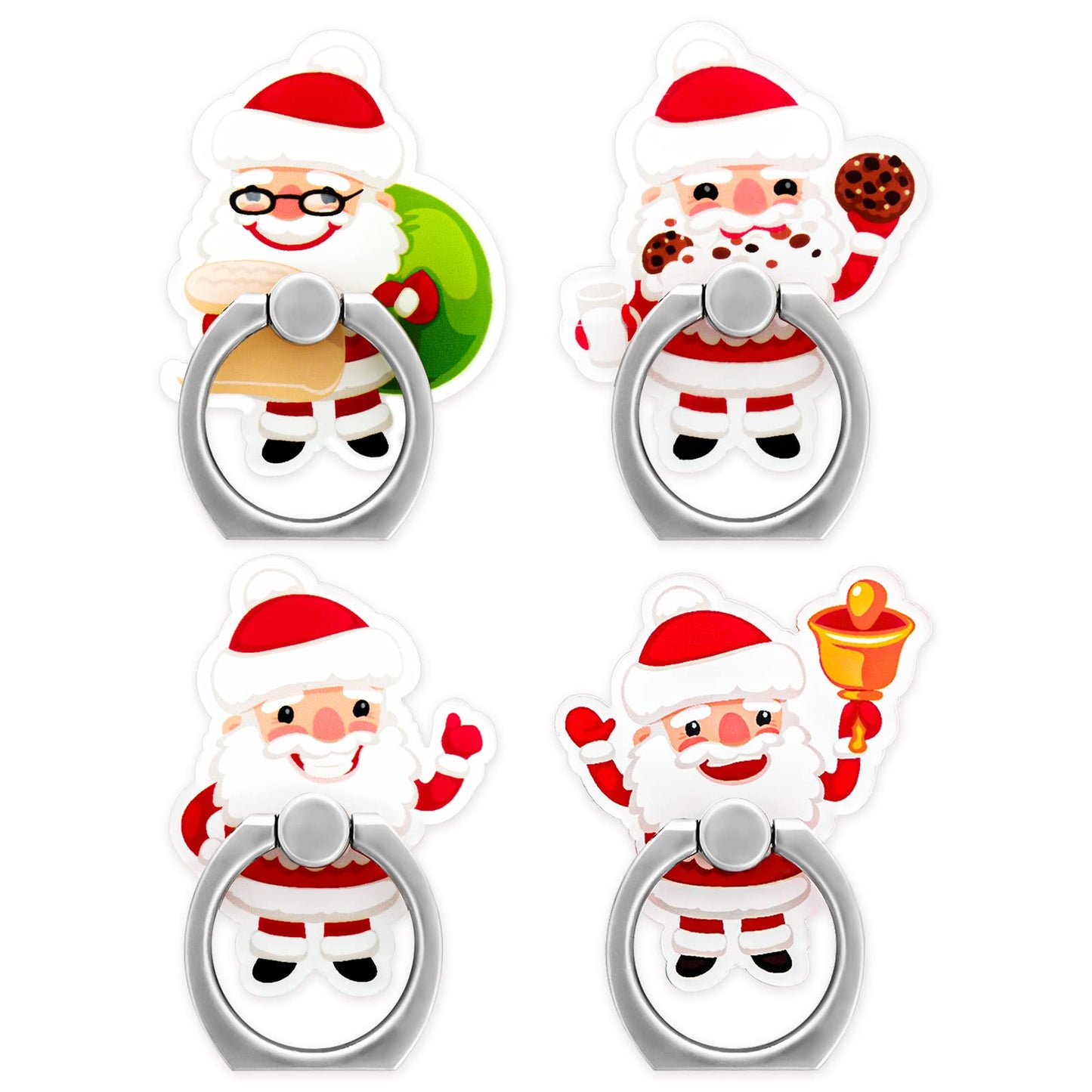cobee Santa Cell Phone Ring Holders, 4 Pcs Cute Christmas Santa Claus Finger Kickstands 180/360 Degree Rotation Finger Grip Ring Universal Metal Phone Stands Compatible with Most Smartphones