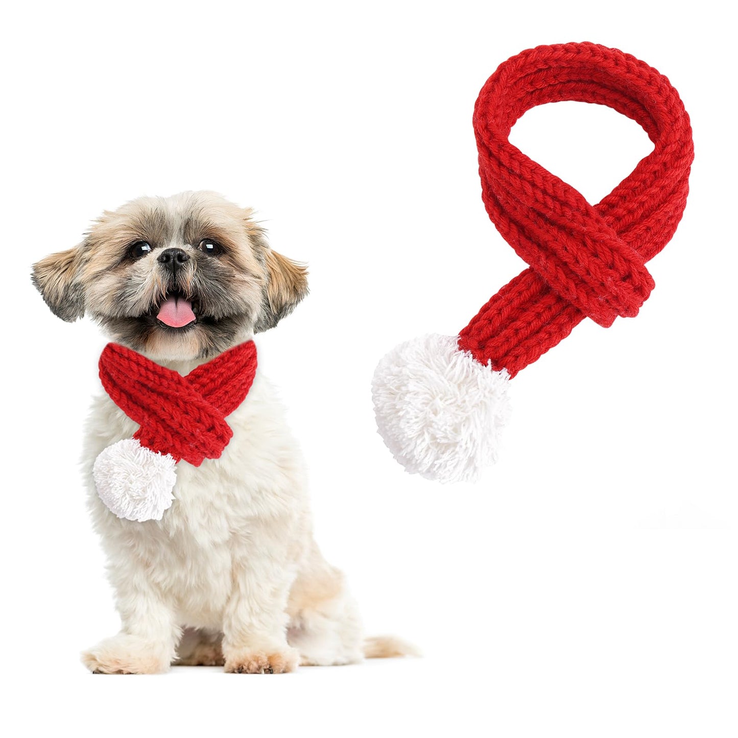 Amaxiu Christmas Cat Dog Scarf, Pet Santa Scarf Cute Knitted Winter Scarf Neck Warmer Costume Red Scarf with White Pompom Ball Xmas Dressup Outfit for Photo Props Gift Supplies (Small)