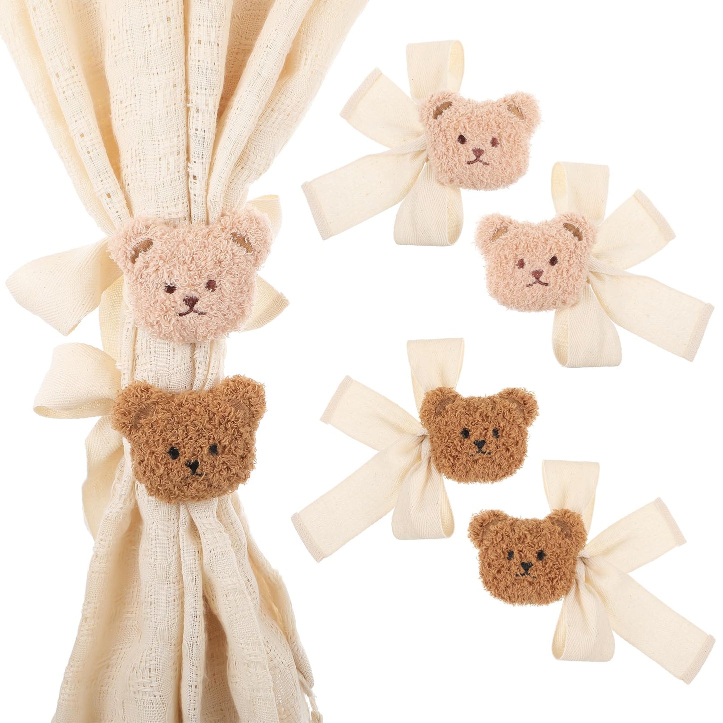 MBAIYO 4Pcs Cute Bear Curtain Ties, Cartoon Bear Holdbacks Embroidered Little Animal Head Tiebacks Cute Animal Shape Curtain Holder WindowTreatment for Bedroom Decor Accessories
