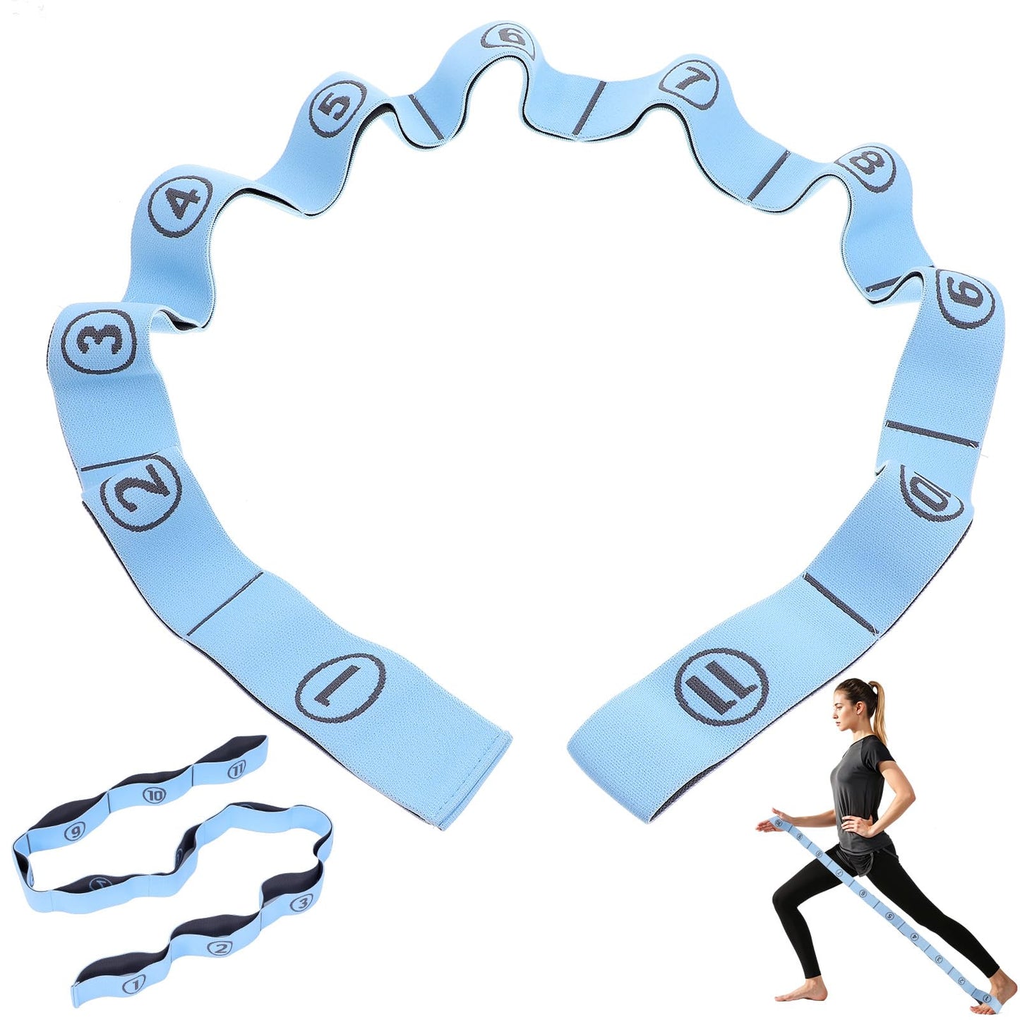 WJIAAA Yoga Strap with 11 Loops, Elastic Fitness Yoga Stretch Band, 135 cm Long and 4 cm Wide for Effective Stretching, Pilates, Gymnastics and Rehabilitation (Blue)