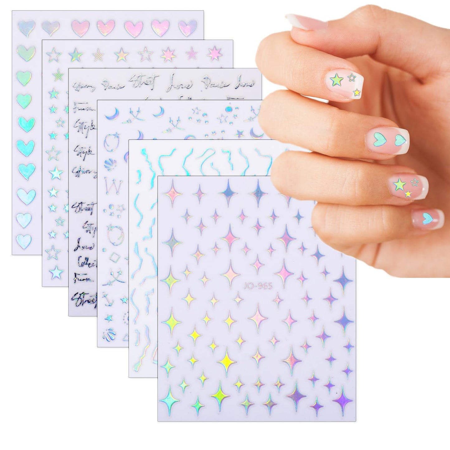 9 Sheets Aurora Holographic Nail Art Stickers Decals, Self-Adhesive Silver Stars Moon Heart Nail Supplies Nail Art Design Decoration Accessories