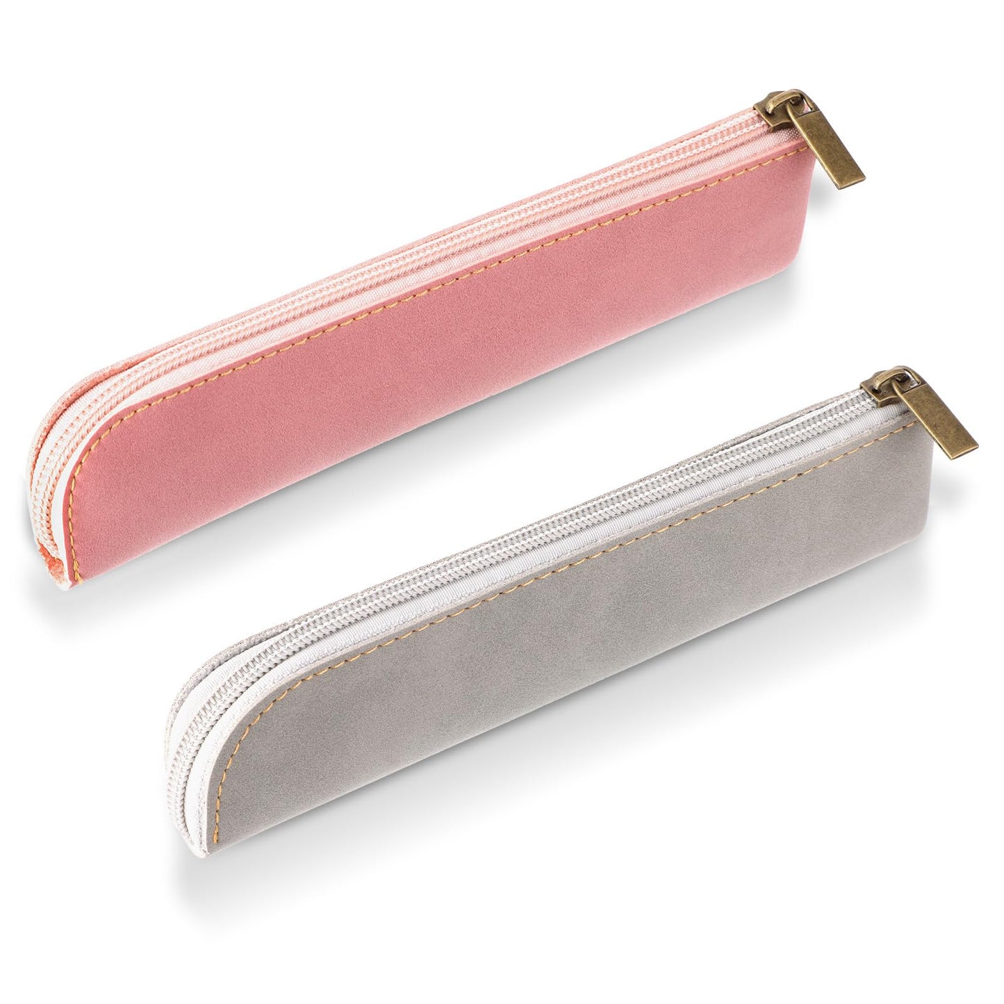 Amaxiu Slim PU Leather Pen Pencil Pouch, 2 Pcs Handcrafted Small Fountain Pen Holder Luxury Pen Case Thin Zipper Stationery Bag Vintage Pencil Organizer(Grey+Pink)