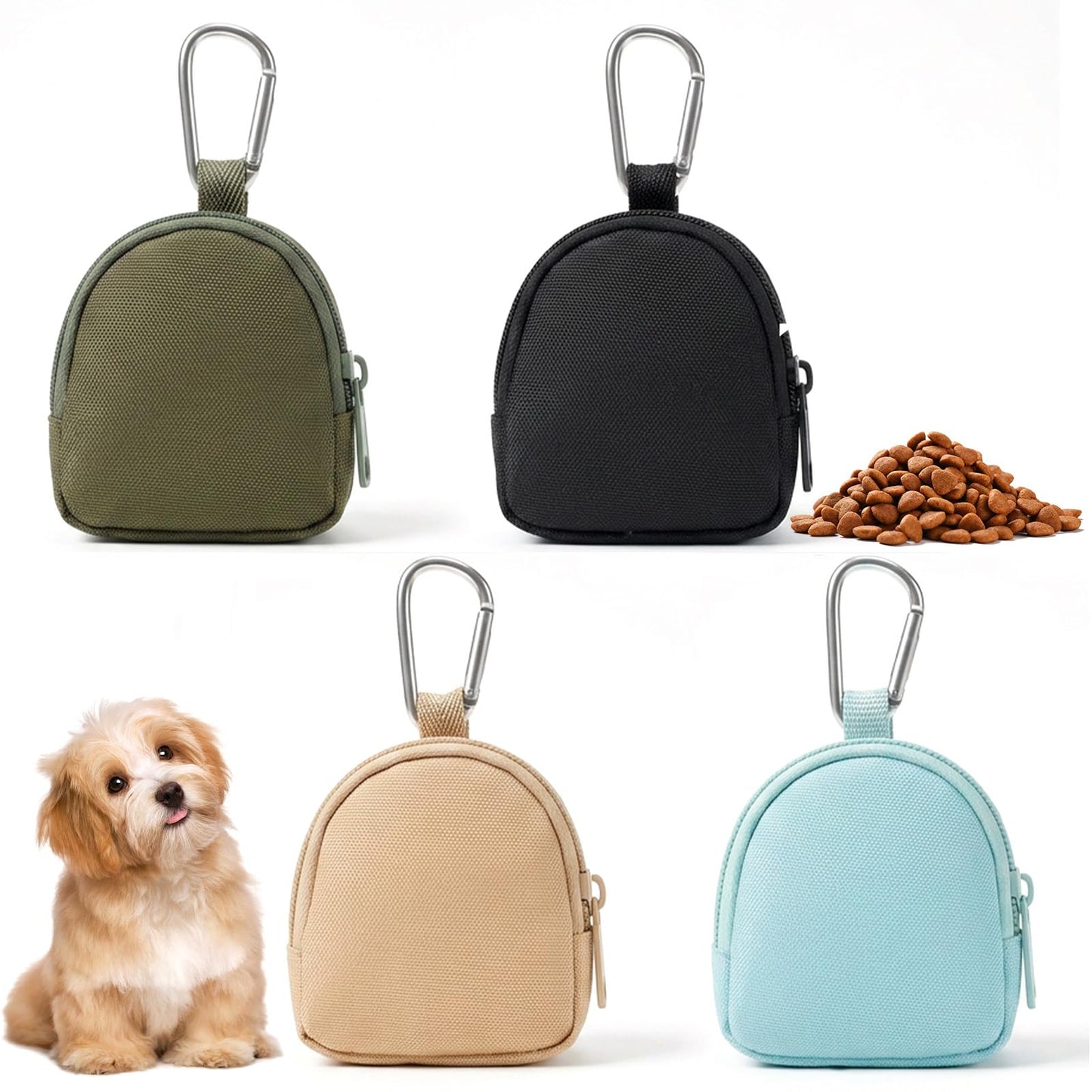 WJAAA Pack of 4 Treat Bags for Dogs, 4 Colours, with Zip and Carabiner for Dog Training, Walks, Travel (Black, Yellow, Olive Green, Navy Blue)