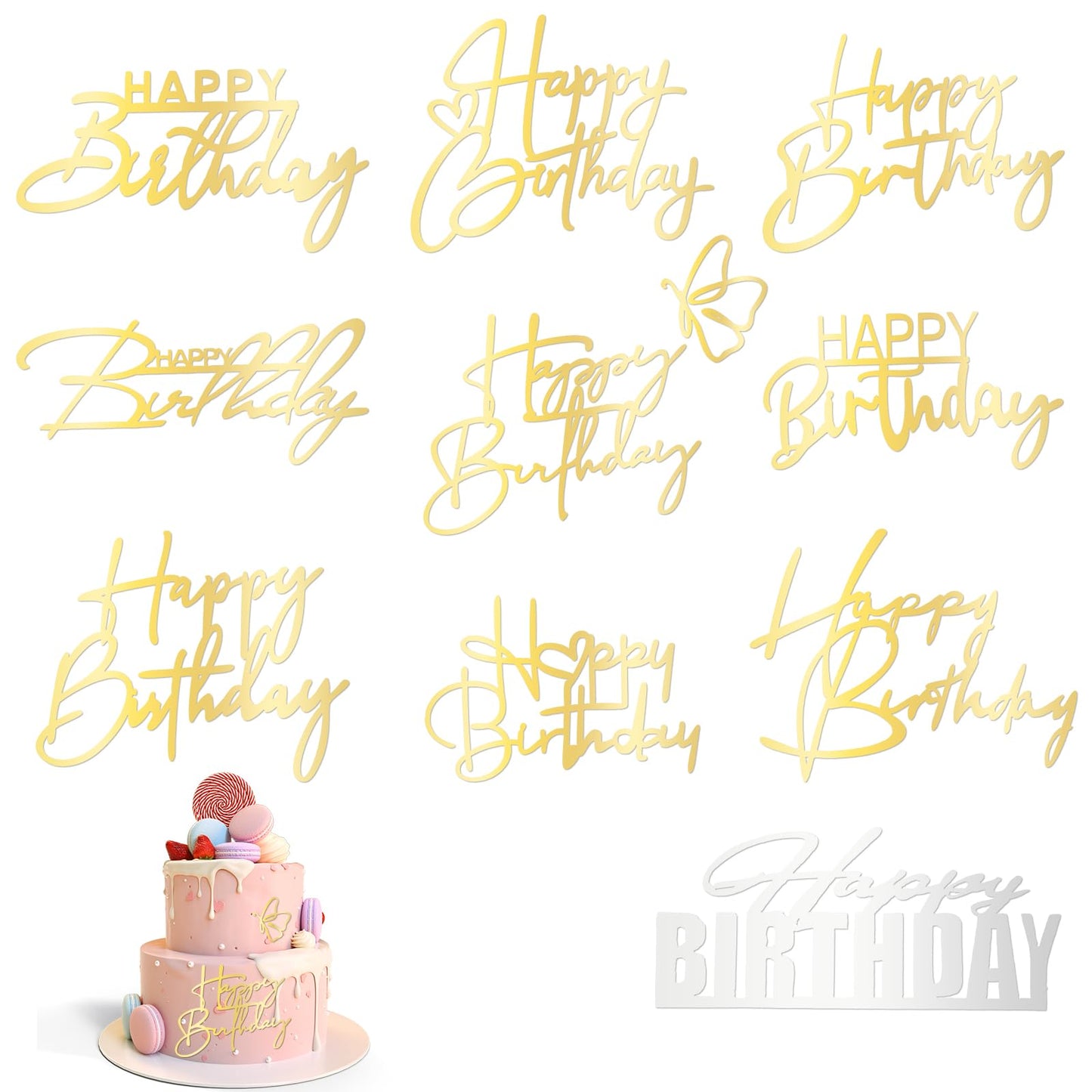 AOZUO Pack of 10 Happy Birthday Cake Decorations, Happy Birthday Cake Toppers Made of Acrylic, Cake Toppers, Gold Cake Decorations, Cake Boards DIY Cake Decoration, Birthday Party Accessories