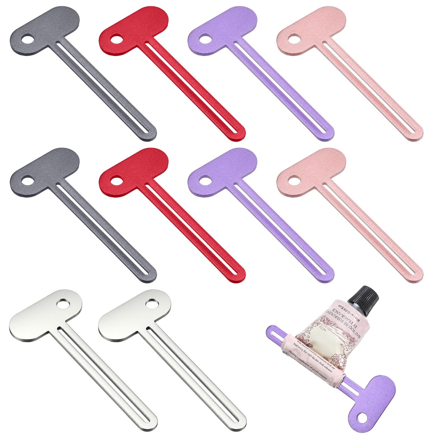WJIAAA Pack of 10 Toothpaste Squeezers, Stainless Steel Tube Presser for All Tubes, 7.9 cm with 5.9 cm Slot Tube Squeezer for Cosmetics, Shoe Polish, Hand Cream, 5 Colours