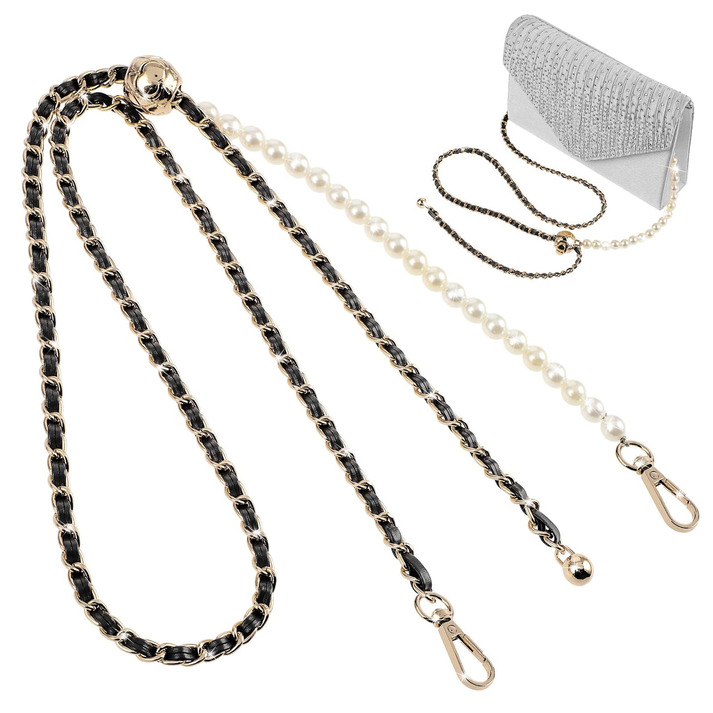 GEEHUA Thin Purse Chain Strap, 47.2in Adjustable Leather Strap with Gold Chain Imitation Pearl Crossbody Bag Chains Handbag Straps Bag DIY Decorative Chain for Shoulder Bag Wallet Clutch(Black)