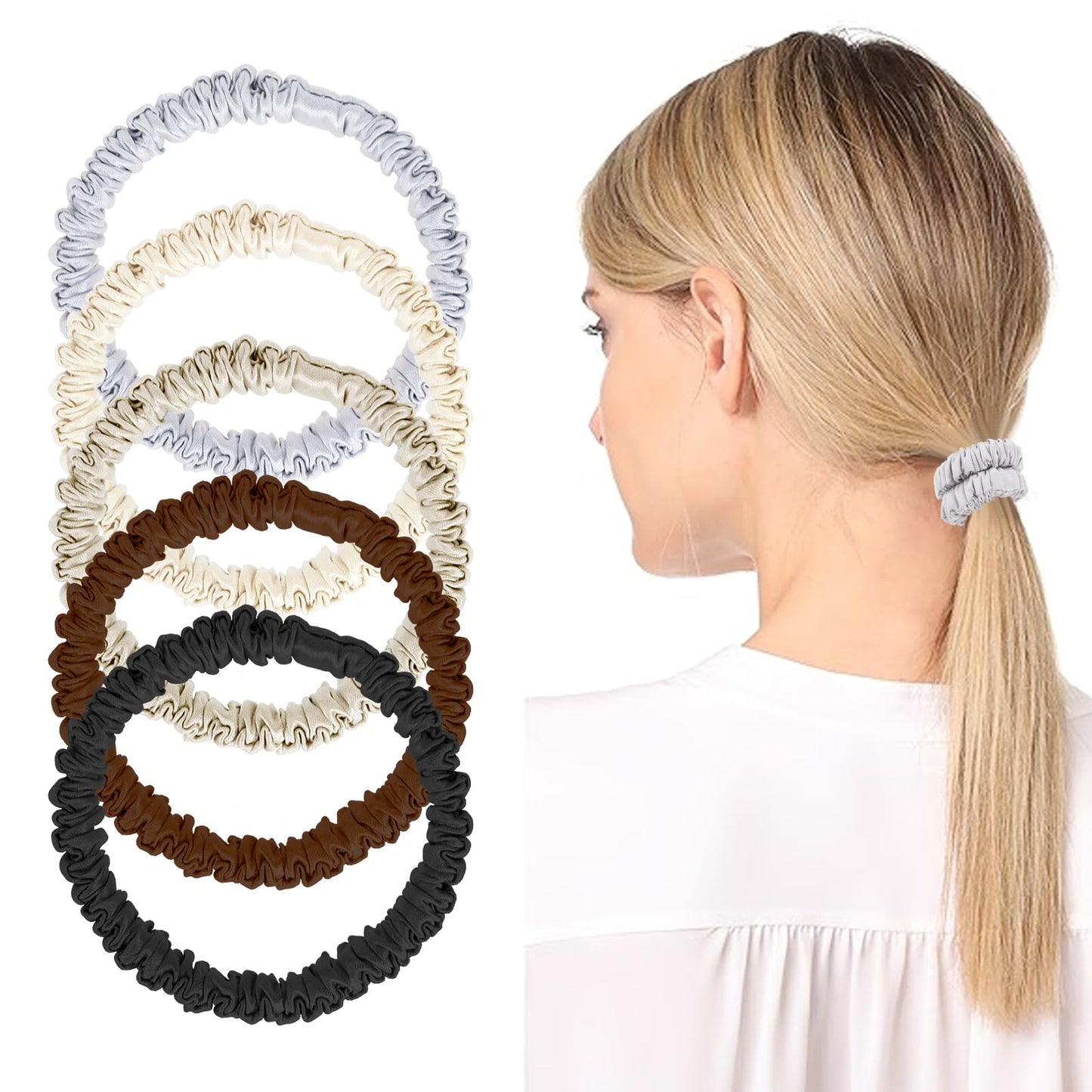 Giantree 5 Pcs Silk Hair Ties, 19 Momme 100% Pure Mulberry Silk Scrunchies, Skinny Scrunchies Silk Ponytail Holders, Thin Skinny Hair Sleep Scrunchies No Damage for Women Girls Hair Sleep