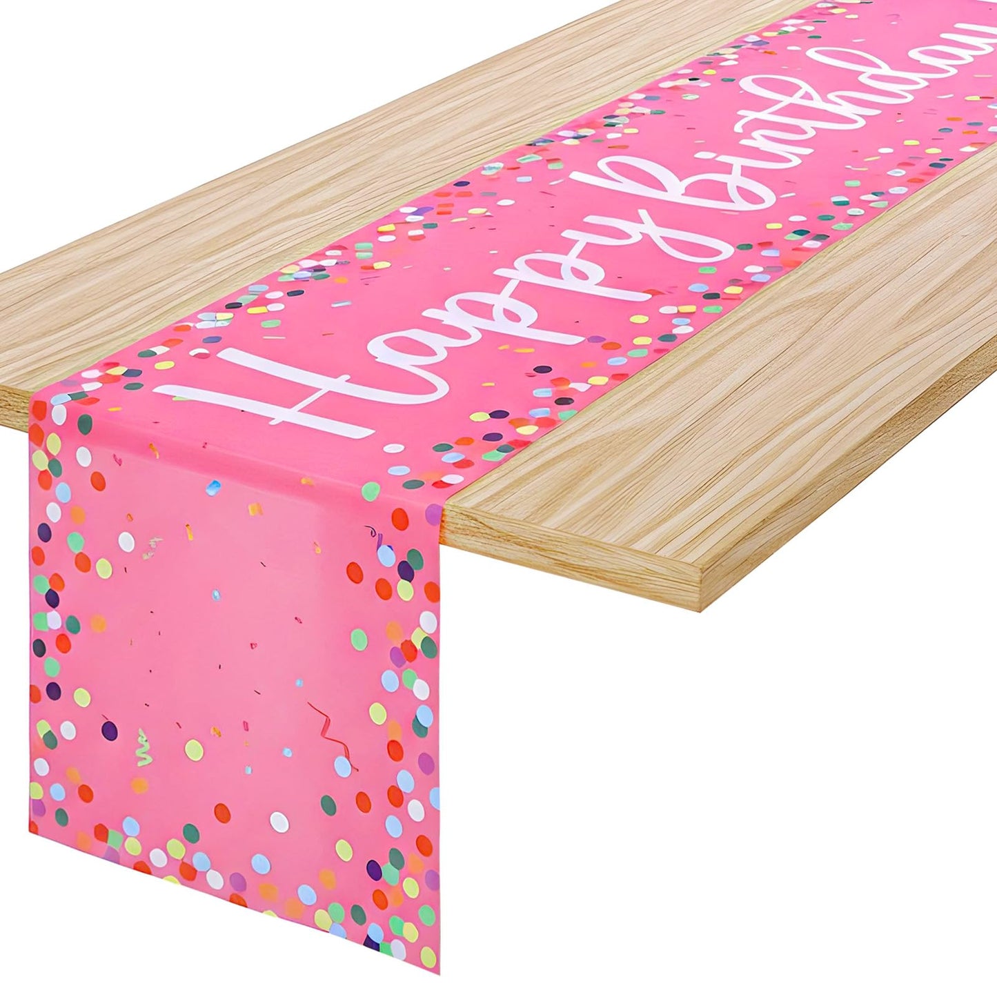 DOPENSPI Polka Dot Pink Happy Birthday Table Runner, 72×13In Pink Birthday Table Runner Seasonal Dining TableDecoration Pinky Birthdays Tablecloth for Women Girls Indoor Outdoor Home Party