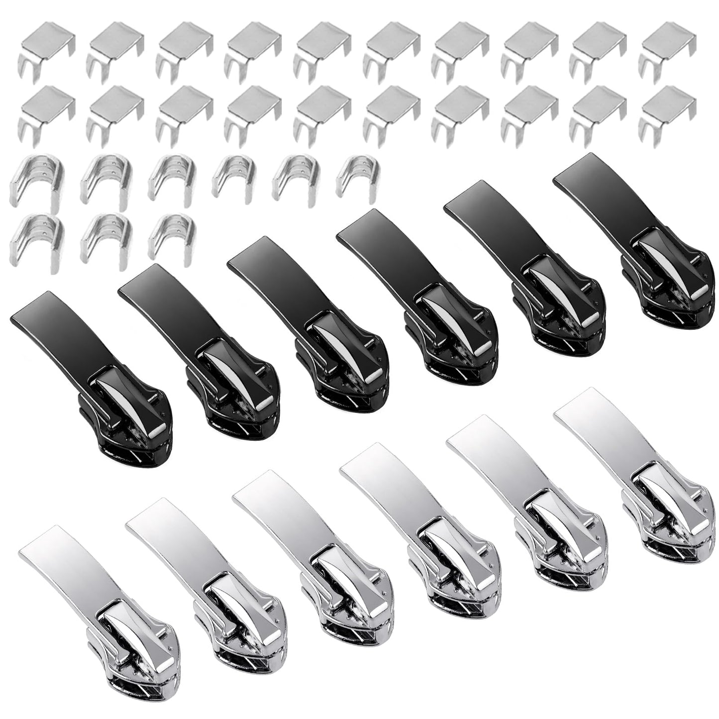 Andibro Zipper Repair Kit, 12Pcs Zipper Pulls Replacement Set Removable Nylon Coil Zippers Puller Fixer Zip Sliders Clip Metal Zipper Extension with Bottom Stop&Top Stop for Sewing Craft(Black&Silver)