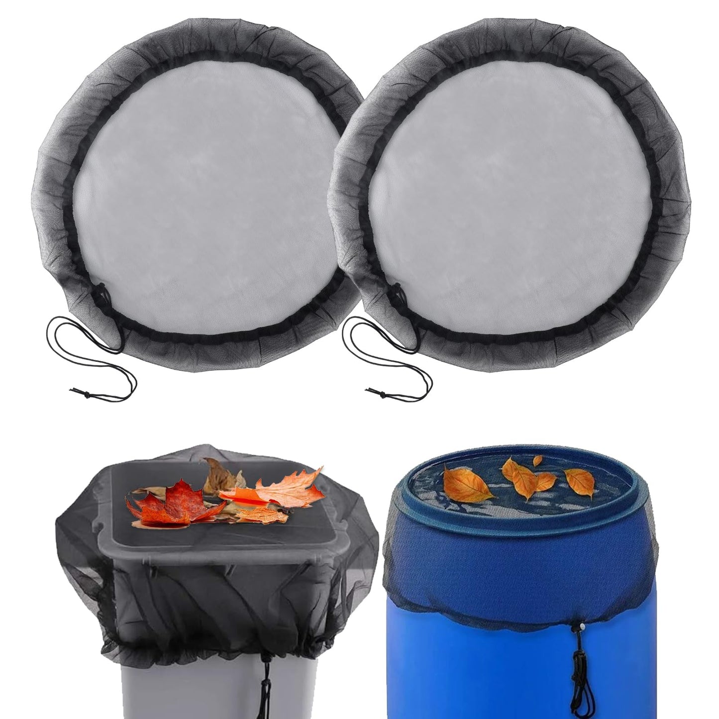AOZUO 2Pcs Rain Barrel Screen, Rain Butt Cover Set Rain Drum for Garden Rain Water Collection Barrel Rain Catcher Net Mesh Cover for Rain Barrel with Drawstring to Keep Mosquitos Debris Leaves
