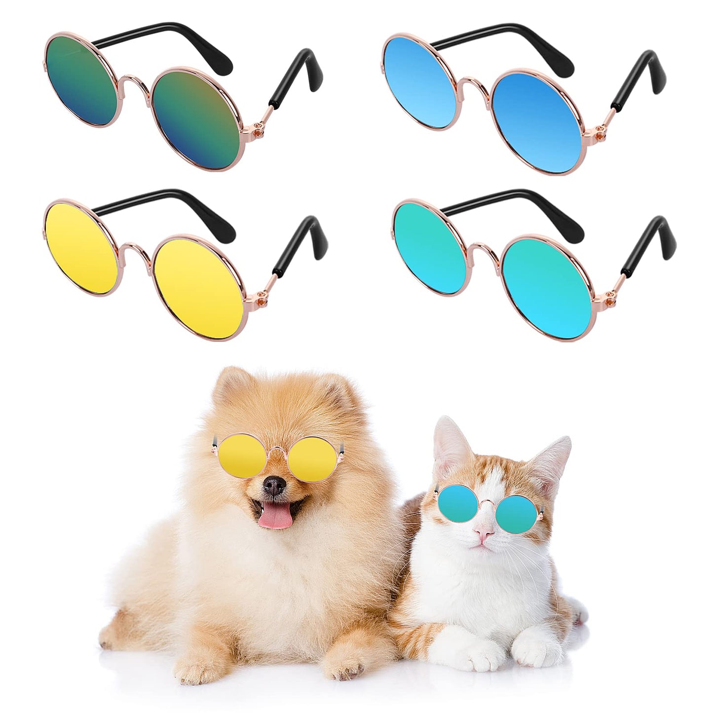 Cobee Cat Sunglasses, 4pcs Classic Retro Small Dog Sunglasses Puppy Dog UV Protection Glasses Round Dolls Sunglasses Cute Funny Pet Sunglasses for Party Cosplay Costume Photo Props