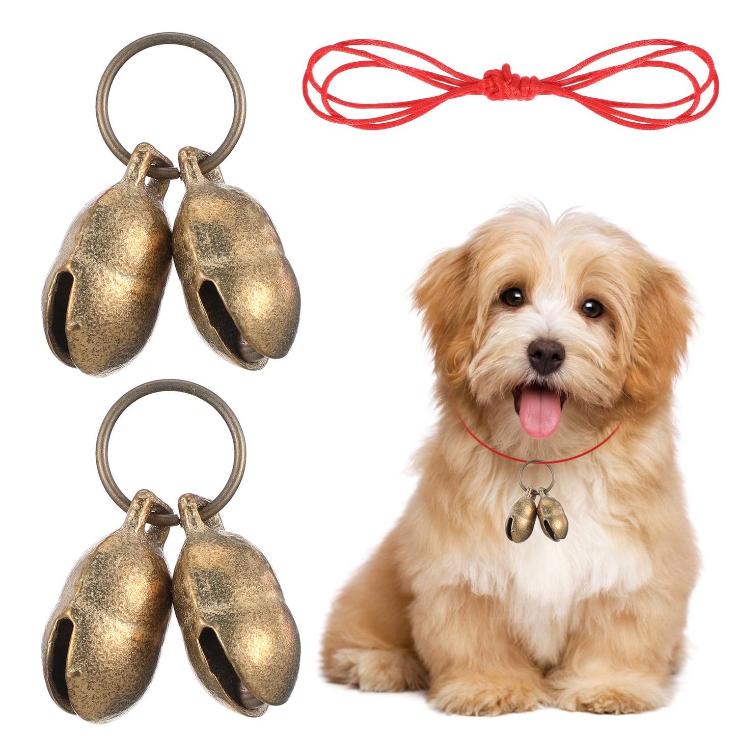 Yuanchu 4 Pcs Pet Pendants, Distressed Brass with Rope, Strong Split Ring for Cats, Dog Bells for Dogs, Pets, Anti-Leak Bells, Small Dog Bells, Polyester Copper Zinc