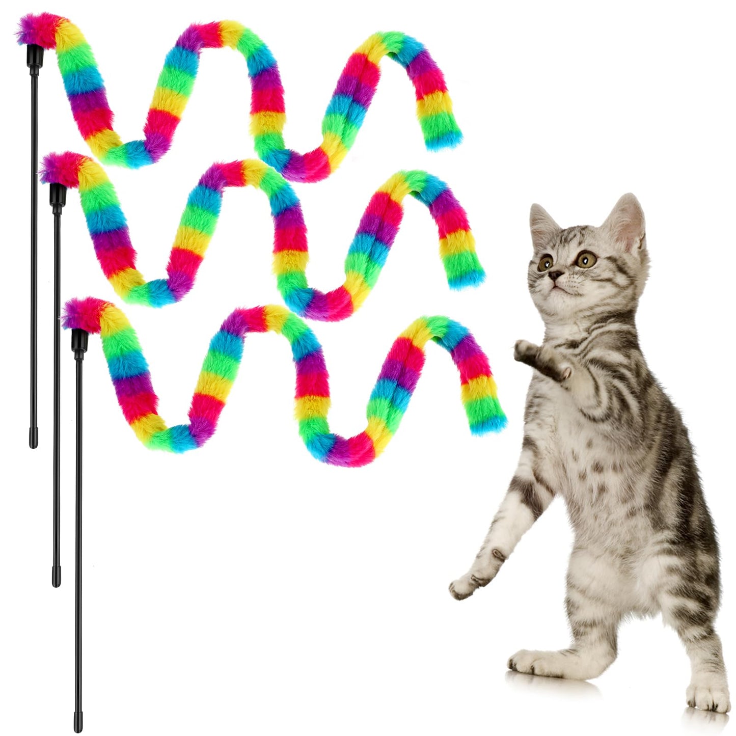 cobee 3 Pack Interactive Cat Wand Toys, Interactive Teaser Toys Cat Wand Toys Rainbow Color Interactive Cat Toys for Indoor Cats Kittens Kitty Training Pets Exerciser