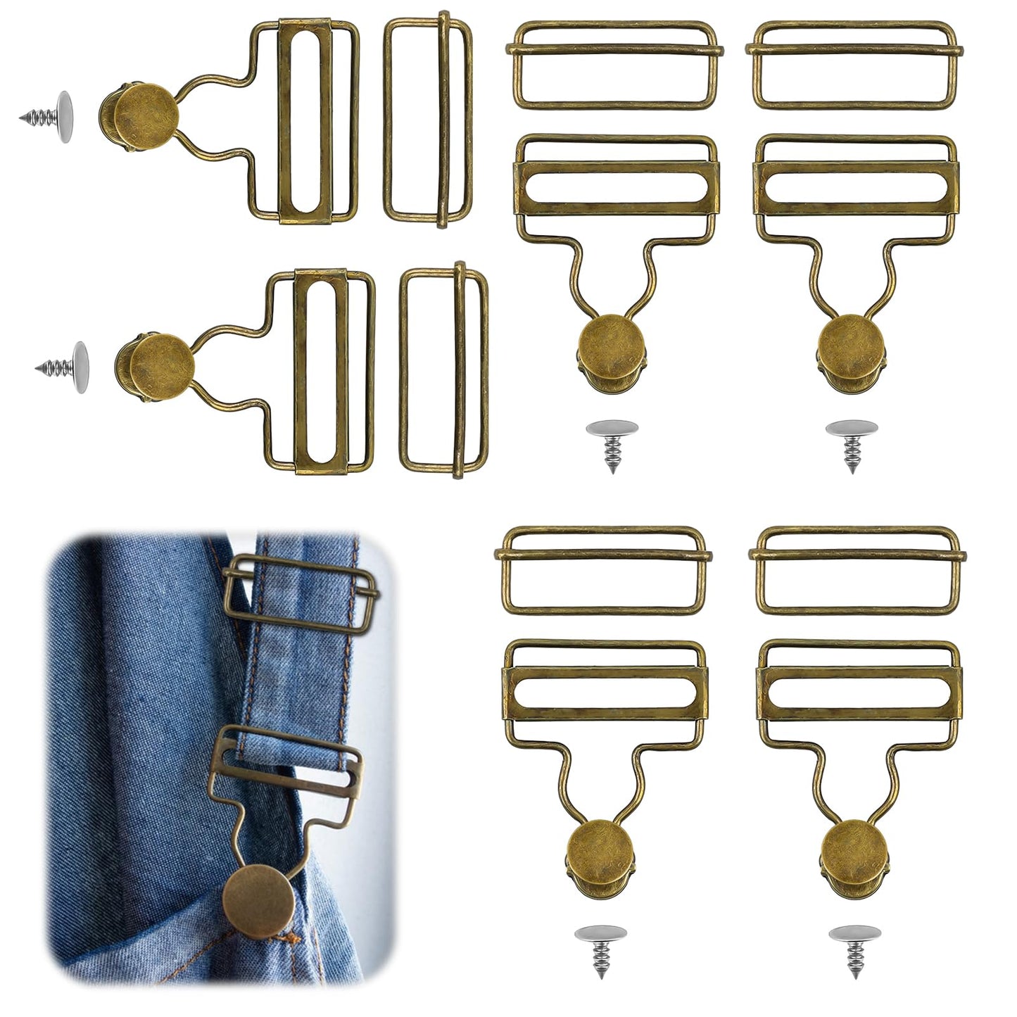 simarro 6 Sets Metal Overalls Buckles, 38mm Gourd Suspender Buckle Replacement Clasp Clips Adjustable Rectangle Buckle Slider for Jeans Suspender, Bib Pants Art Sewing Clothing Craft (Bronze)