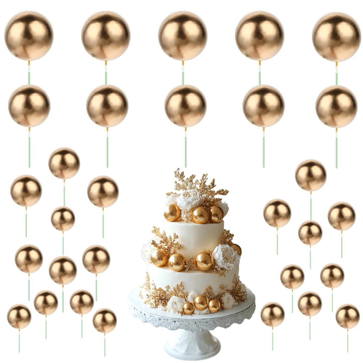 Molain 30 Pcs Balls Cake Topper Balloons Cupcake Topper DIY Cake Insert Topper 5 Sizes Foam Cake Balls Baking Decoration for Wedding Anniversary Birthday Cake Decorations(Gold)