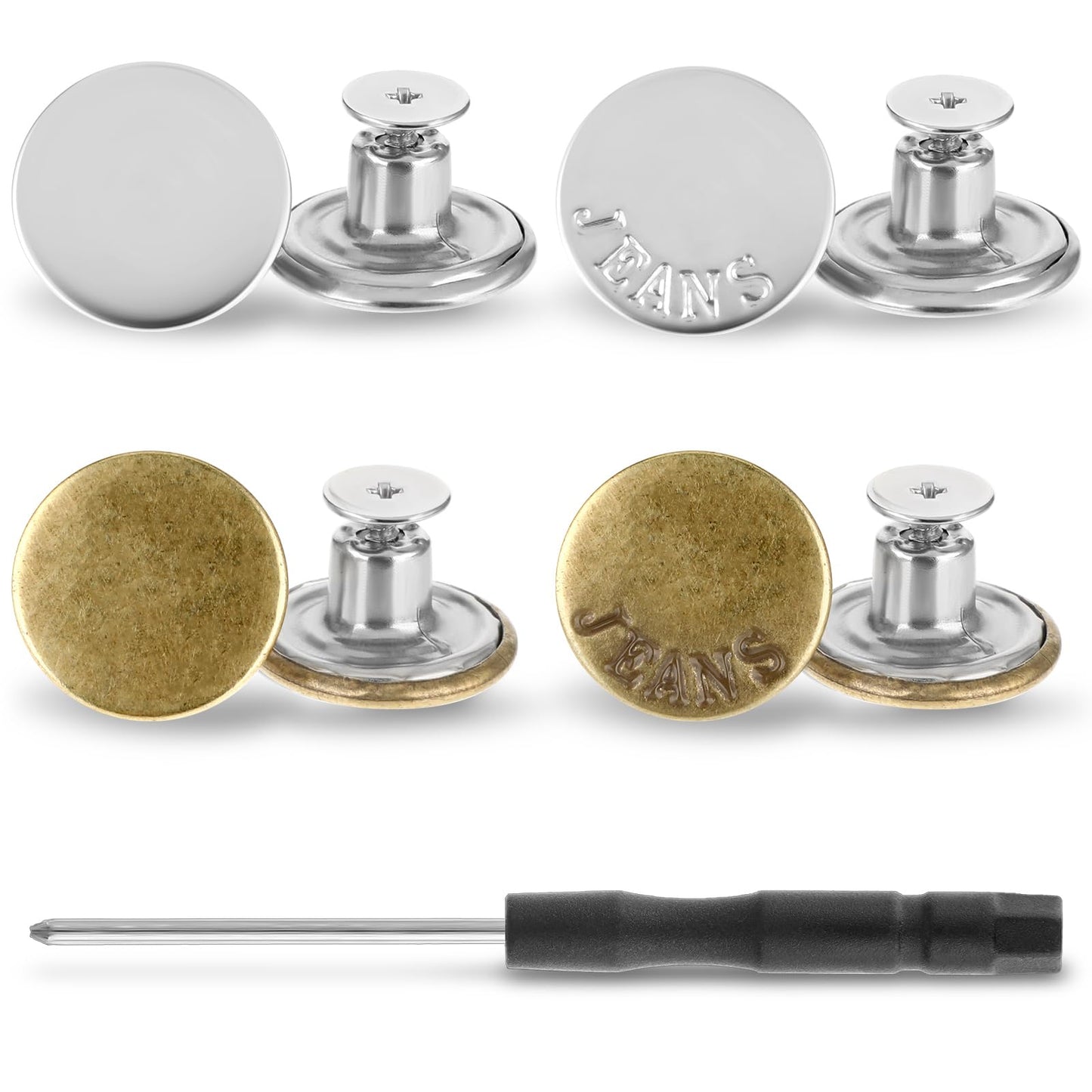 Amabro 8 PCS Button Pins for Jeans, No Sewing Jeans Shiny Buttons Replacement Kit Adjustable Reusable Instant Metal Buttons for Pants Removable Pant Button with Threads Rivets and Screwdriver