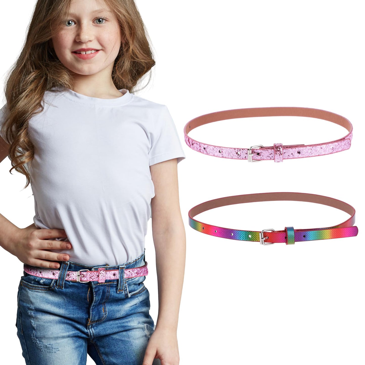 Amaxiu 2 Pack Thin Belt for Girls, Girl's Glitter Belt Cute Shiny PU Leather Belt Adjustable Rainbow Waist Belt for Jeans Dress