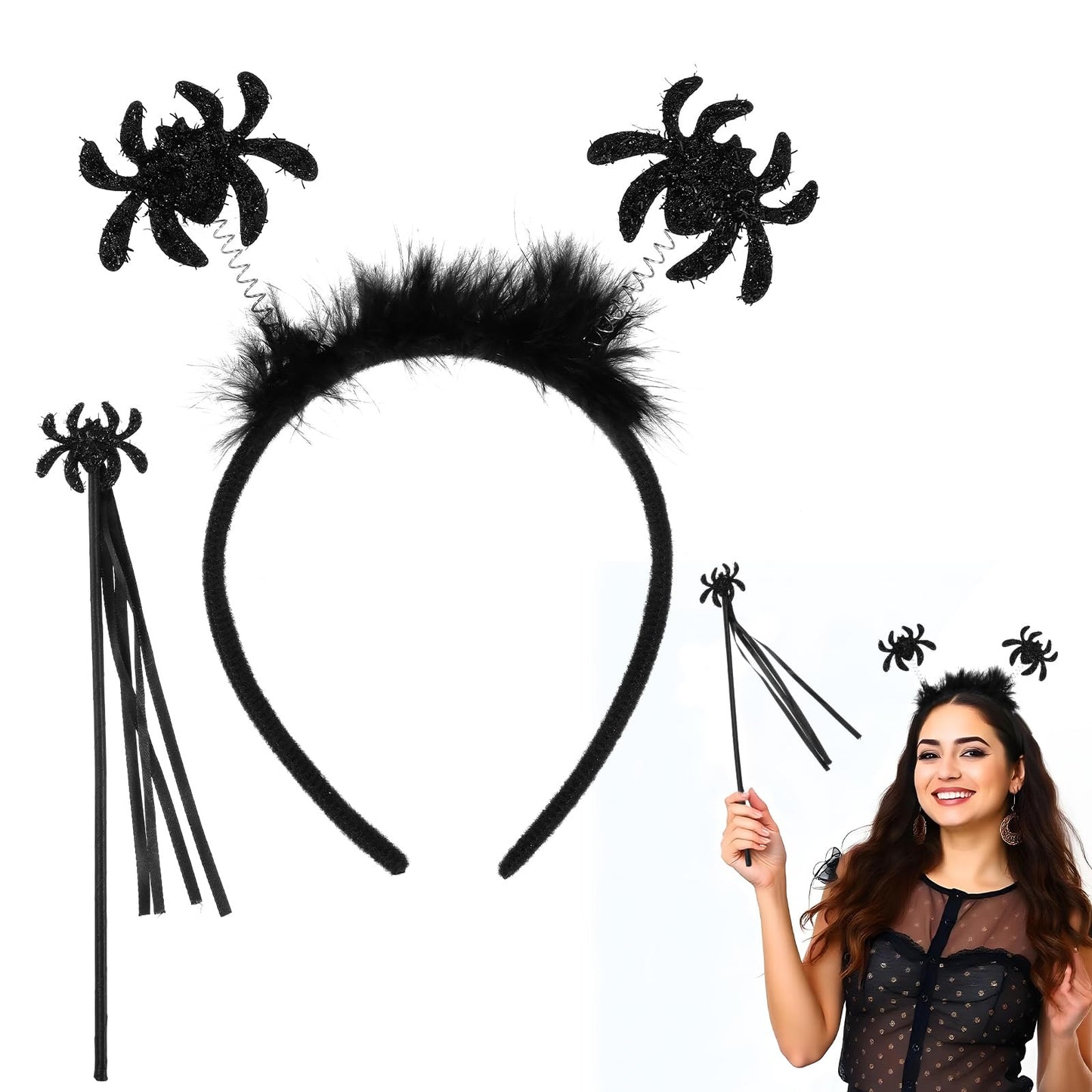 Amabro Halloween Headband, 2Pcs Halloween Hair Accessories Black Bat Wing Headdress with Bat Wand Glitter Confetti Head Bopper Headpiece for Halloween Cosplay Party Costume Masquerade(Spider)