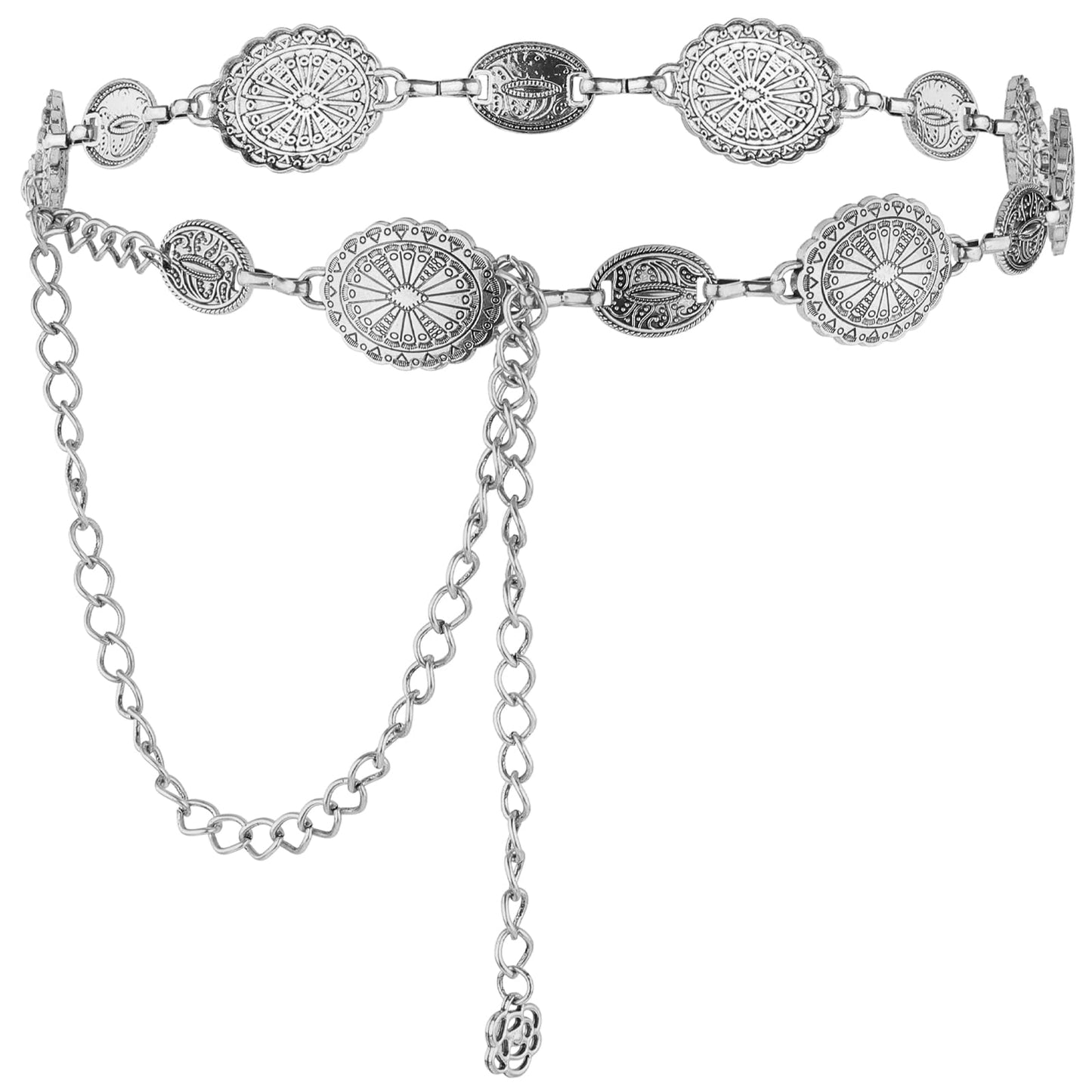 Amabro Women Adjustable Chain Belt Concho Western Cowgirl Waistband Skinny Vintage Dress Belt for Concert Outfit(Silver)