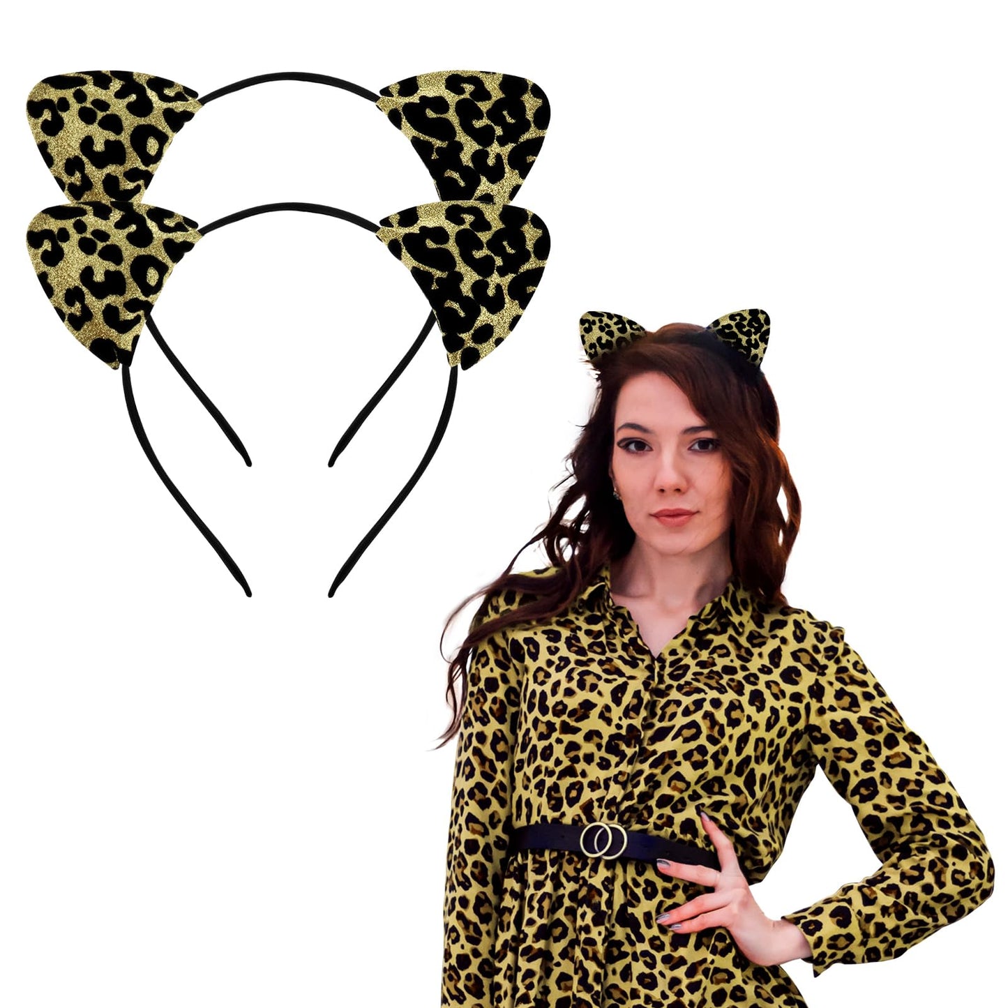Cobee Leopard Ears Headband,2Pcs Halloween Cheetah Cat Ear Headbands Glitter 3D Puffy Kitty Ears for Women Girls Halloween Cosplay Birthday Party Costume and Daily Wearing Decorations(Leopard)