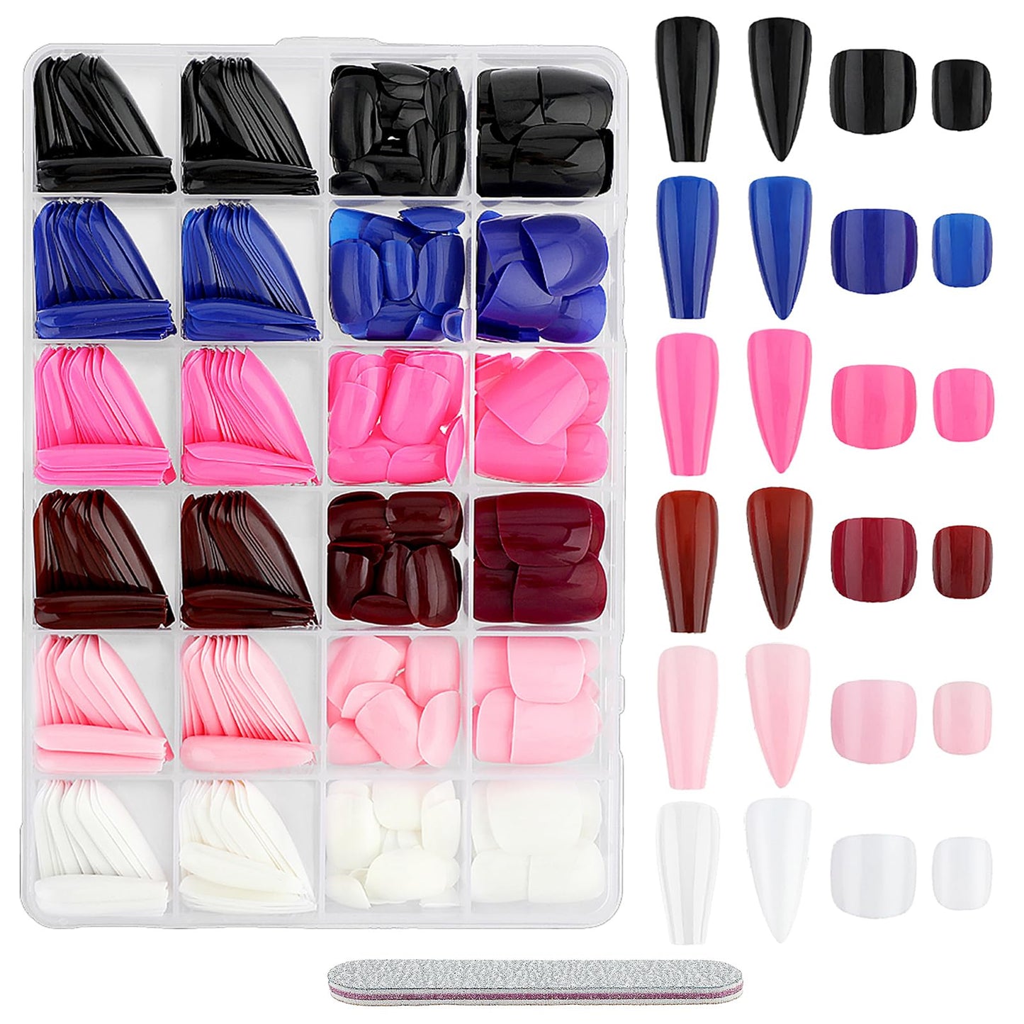 Amabro 576PCS Glossy Press On Nails Set, 24 Pack Long Ballerina Coffin False Nails Color Almond Fake Nails Short Square Nail Full Cover with Nail File for Women Girls Nail Art DIY(Square, Round)