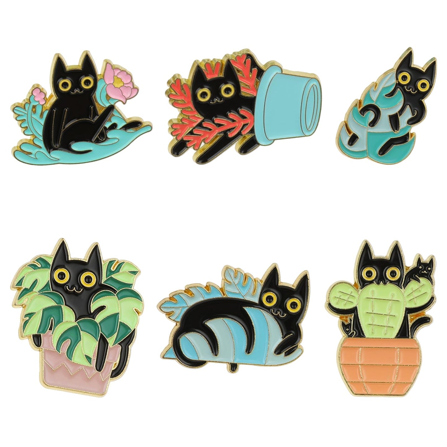 cobee Cute Cat Enamel Pins, 6 Pcs Cartoon Cats Hidden in Potted Plants Backpack Brooches Lapel Pins Novelty Anime Black Cat Punk Badges Button for Men Women Jackets Clothings Bags Hats Jeans