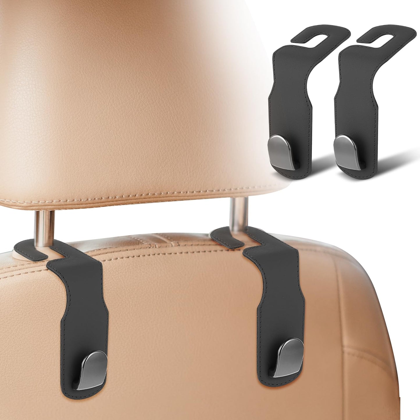 Giantree 2 Pcs Car Seat Headrest Hook, Leather Car Headrest Hook Car Storage Metal Hanger Car Seat Hooks for Purses Coats Grocery Bag Fit Universal Vehicle Interior Accessories