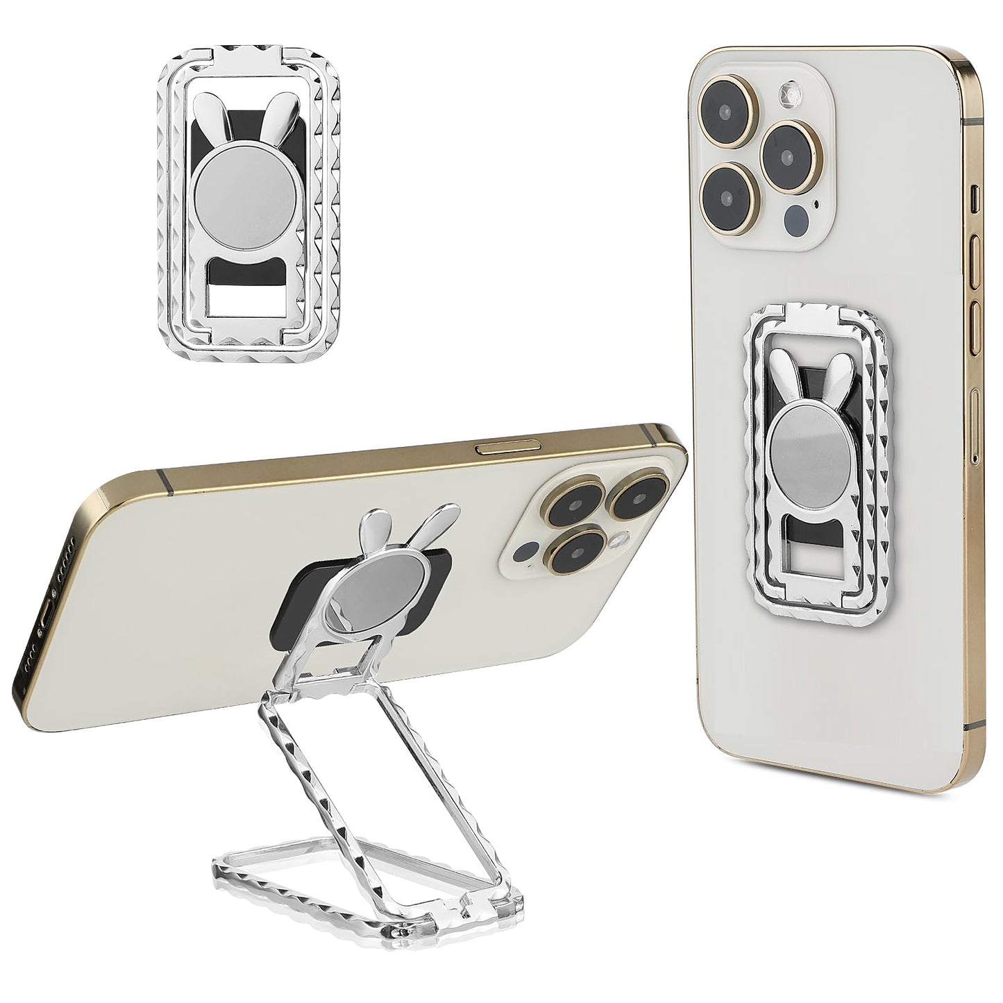 cobee Foldable Phone Ring Holder Finger Kickstand, Cute Rabbit Shaped Metal Phone Holder Adjustable Bunny Phone Grip Dual Direction Rotating Cell Phone Stand for Phone Case Car Mount(Silver)