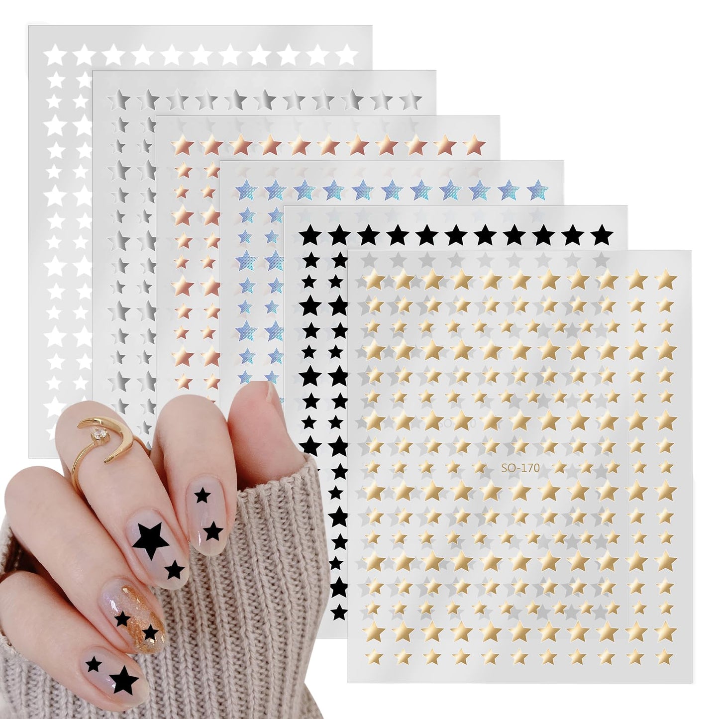 Yuanchu Star Nail Stickers,6 Sheets 3D Self-Adhesive Nail Decals Glitter Shiny Gold Silver White Black Small Stars Nail Art Supplies Manicure Accessories for Women Girls DIY Nail Art Design