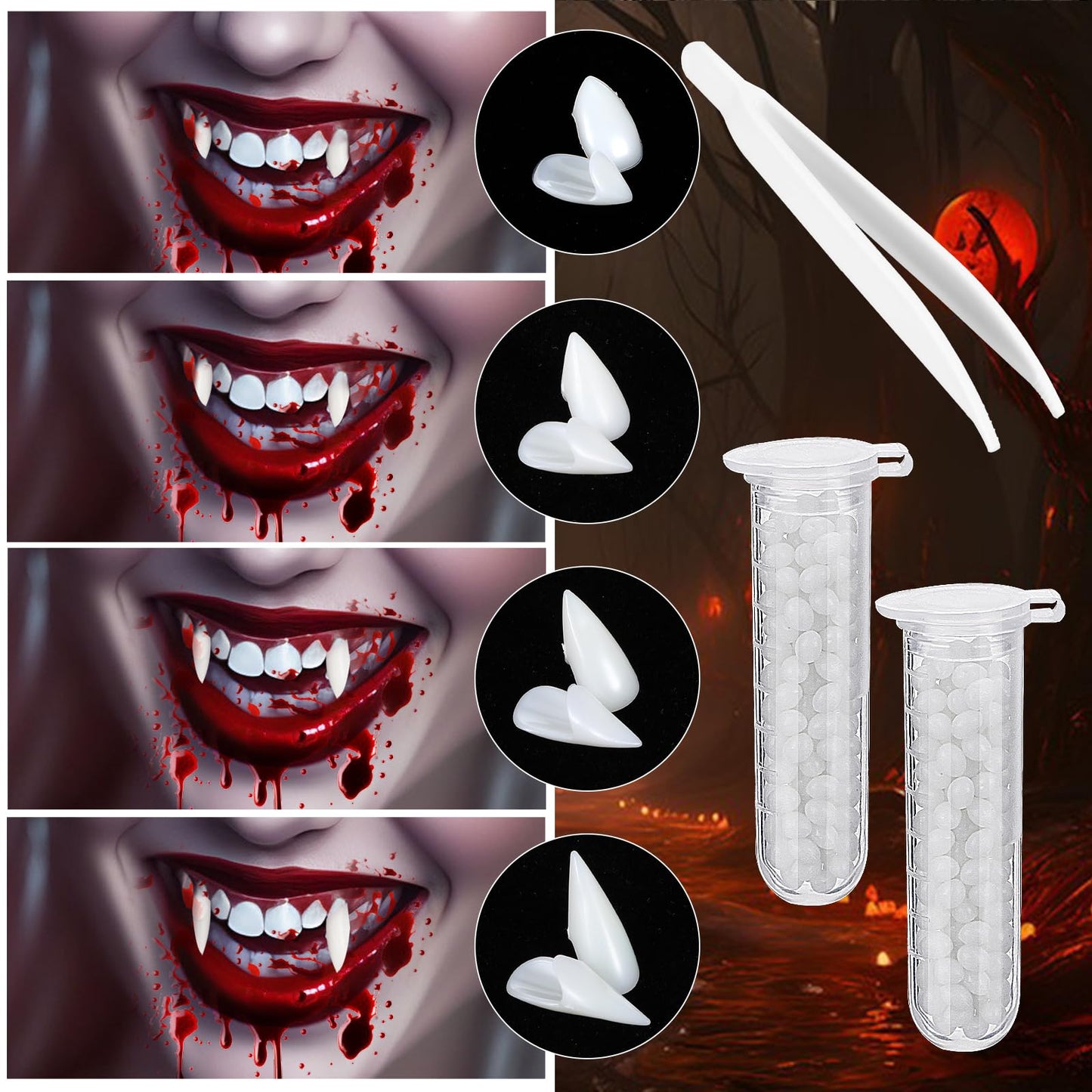 GEEHUA Vampire Fangs, 8 Pairs Halloween Vampire Teeth Scary Fake Teeth Fang with Teeth Glue Zombie Cosplay Costume Halloween Party Makeup Props Masquerade Decorations for Women Men, 4 Sizes