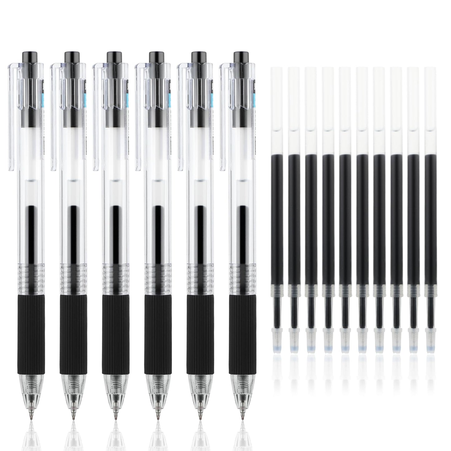 TIESOME 6pcs Retractable Gel Pens, 0.5mm Fine Point Rolling Ball Gel Pens Quick Dry Black Ink Smooth Writing Pens with 10 Refills for Drawing Office Supplies and School Supplies (Black)