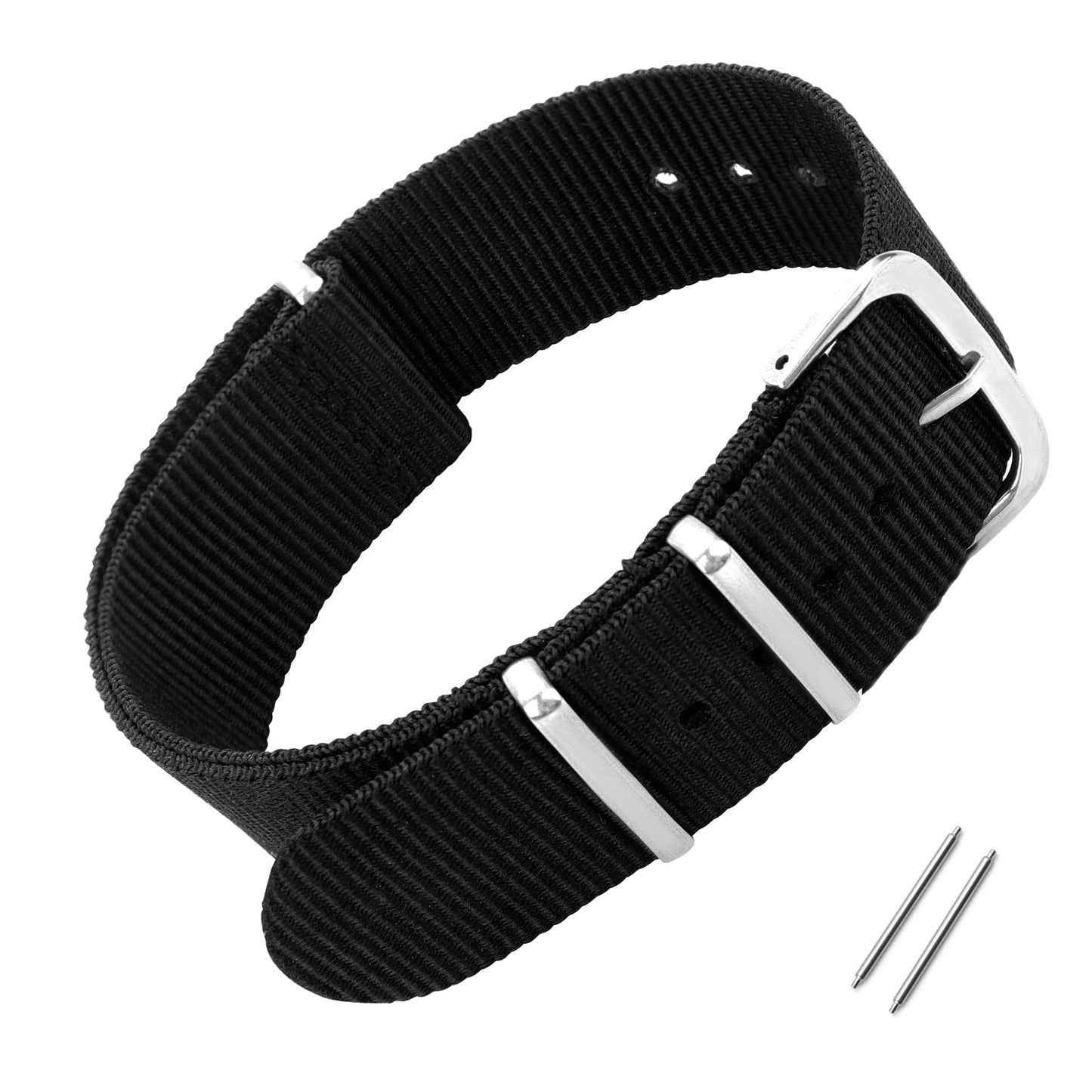 cobee Nylon Watch Strap, Durable Straps for Men Women Replacement Military 4 Rings Watch Band Wrist Strap Watchbands Black Watch Bands with Silver Metal Buckle (20mm Black)