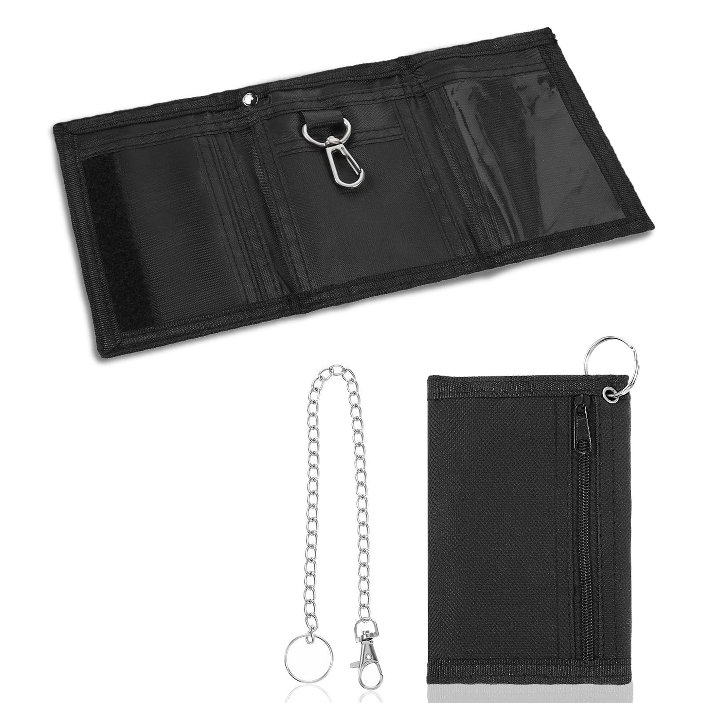 Yuanchu Slim Boys Trifold Wallets, Oxford Slim Boys Wallet with Chain Clip Zipper Wallet for Currency Coins Bank Cards Key Purse for Travel Sports for Kids Boys Teen Men(Black)