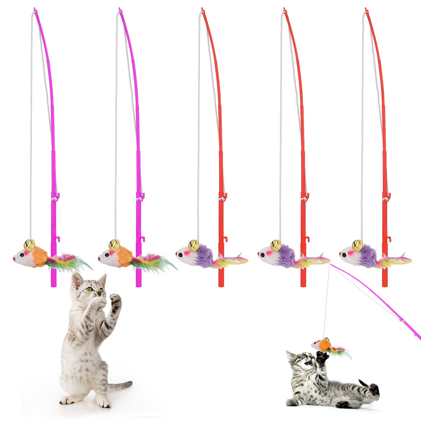 cobee Cat Wand Toy Rat Replacement Feather Refills, 5 Pcs Cat Wand Toy with Mixed Color Cute Furry Mouse and Bells Refills Interactive Play Wand for Cats Kittens Training Exerciser Accessories