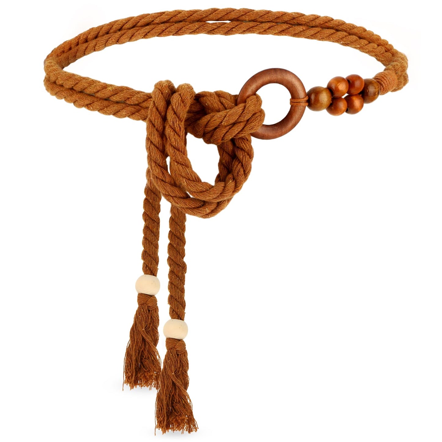 TIESOME Women's Skinny Tassel Waist Belt with Wooden Beads, Thin Woven Waist Rope Belt for Women Girls Godness Braided Waist Belt Rope Chain for Dresses Skirts Tunics (Brown)