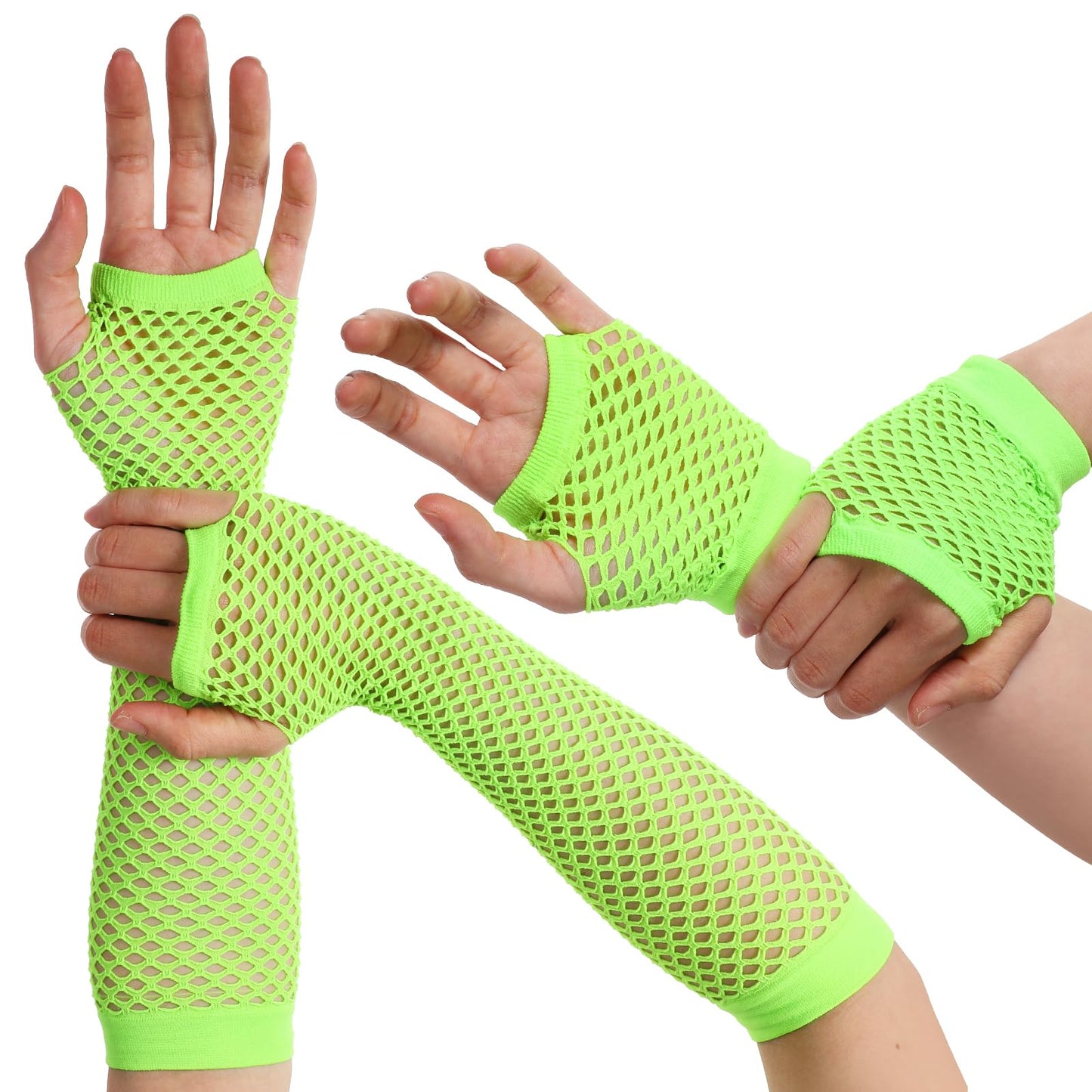 Giantree 2 Pairs Neon Green Fishnet Gloves Fingerless For Women, 80s Fishnet Gloves Fishnet Arm Sleeves for Theme Party Cosplay Costume Accessories