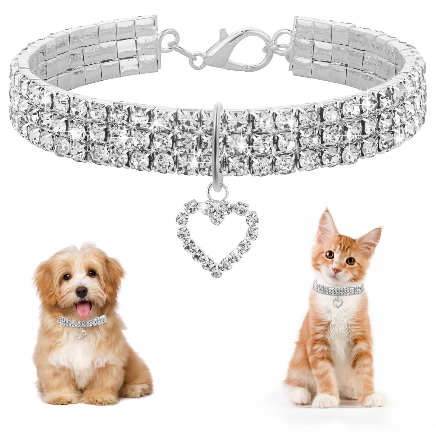 TIESOME Bling Cat Dog Collar, Rhinestone Pet Collar Necklace Crystal Diamond Elastic Adjustable Collar with Pendant for Puppy Kitten (Heart)