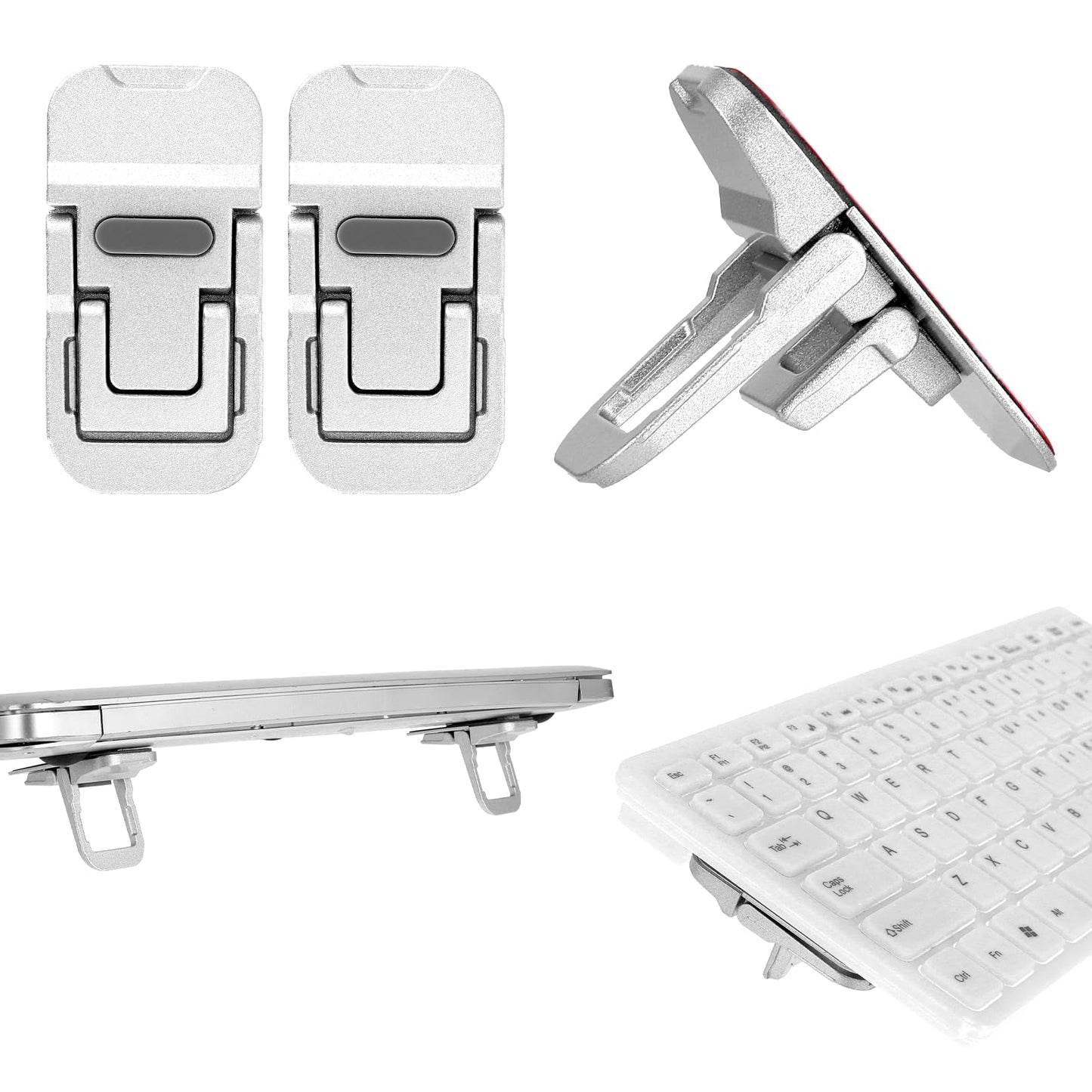 Bewudy 2 Pcs Portable Laptop Riser, Dual Tilt Angle Adjustment, Foldable Mini Computer Stand, Self-Adhesive Feet for Most Keyboards (Silver)