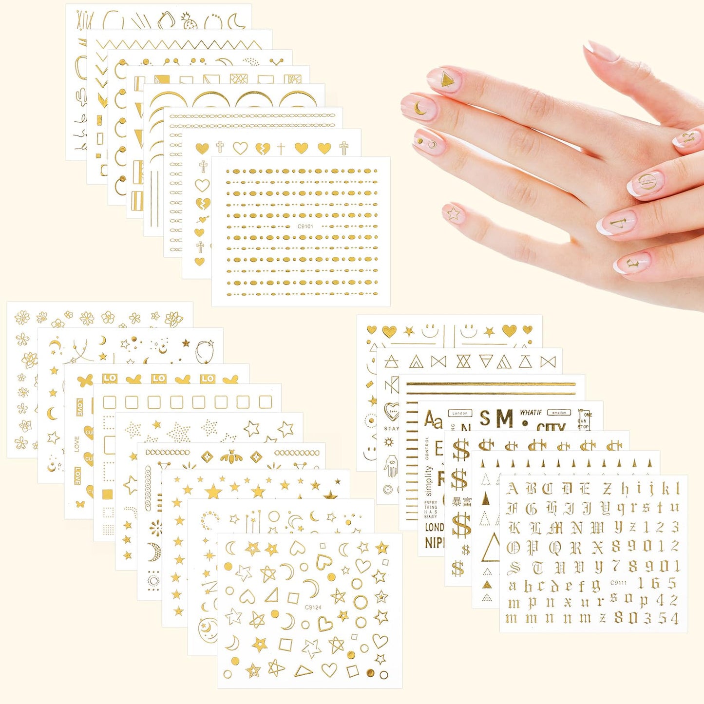 Jeffdad Nail Stickers Gold, 3D Self-Adhesive Nail Decals Gold Star Leaf Letter Smile Geometry Line Nail Designs for Women Girls Nail Art Decorations