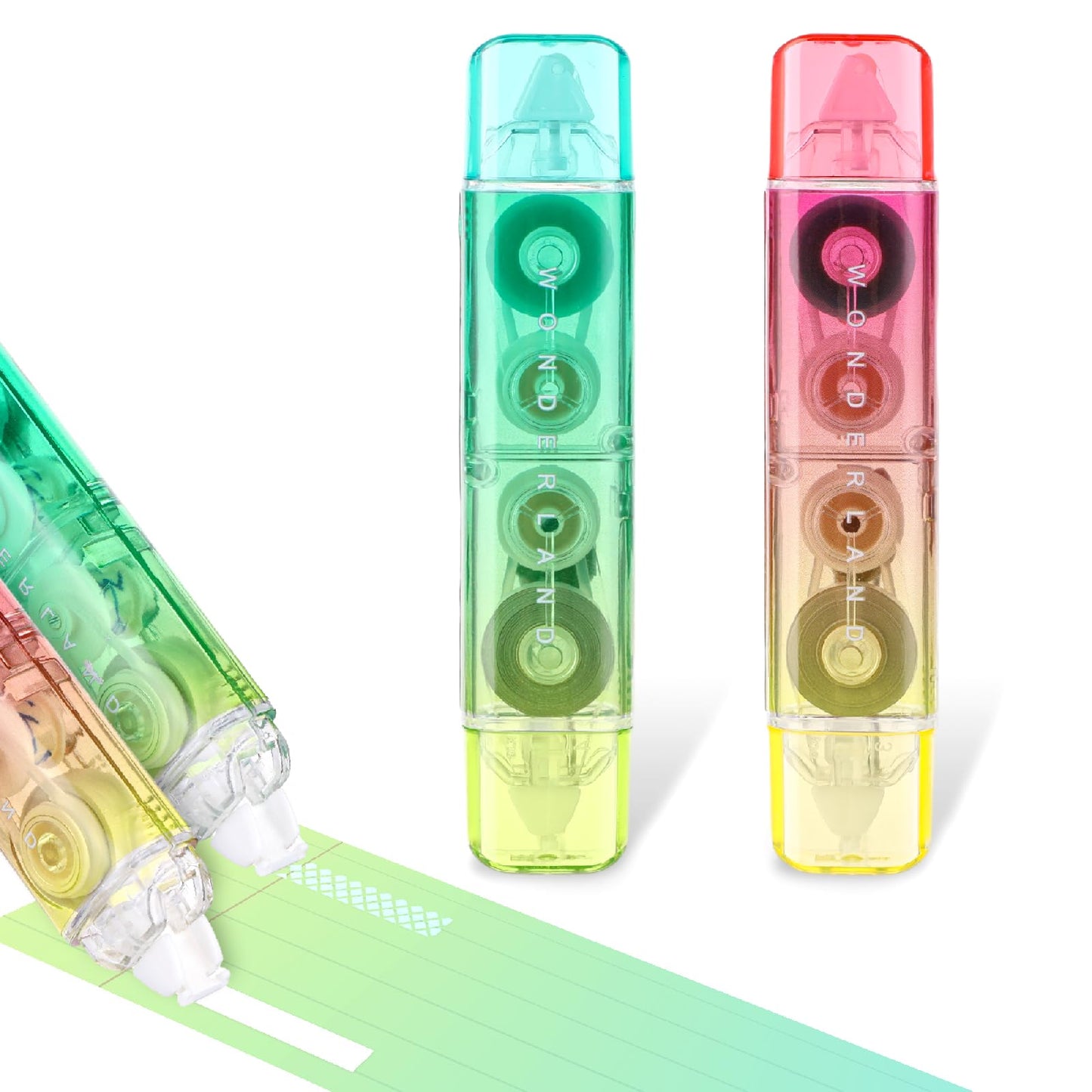simarro 2Pcs White Out Correction Tape and Double Sided Tape Roller, Kawaii Quick Dry Pen Shaped White Out Correction Tape with Permanent Adhesive Tape Runner for Home Office Supplies (red + green)
