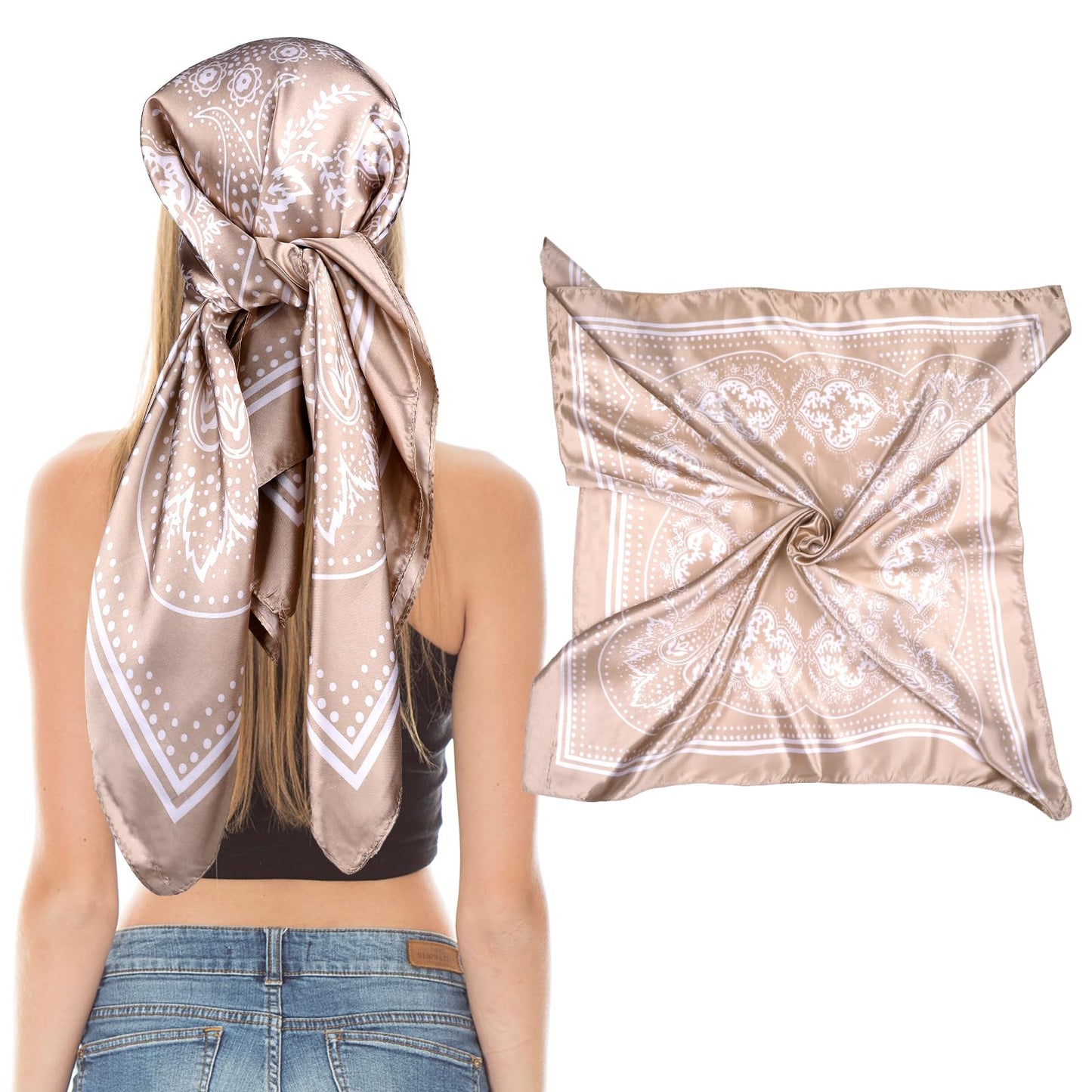 Giantree Women Square Satin Head Scarves Satin Scarf, 35" Large Soft Square Satin Scarf Bandana Scarf Satin Women's Scarves Neck Headscarf Decoration Headwear Gift for Women(Camel)